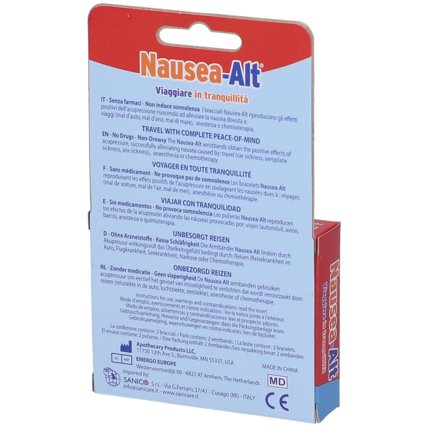 Retro della confezione con informazioni sui braccialetti antinausea. Testo multilingue. Informazioni del produttore.