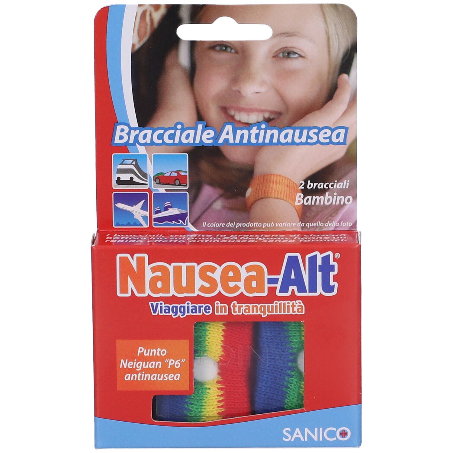 Confezione di braccialetti antinausea per bambini. Scatola rossa con nome e logo del prodotto. Braccialetti visibili nella confezione.