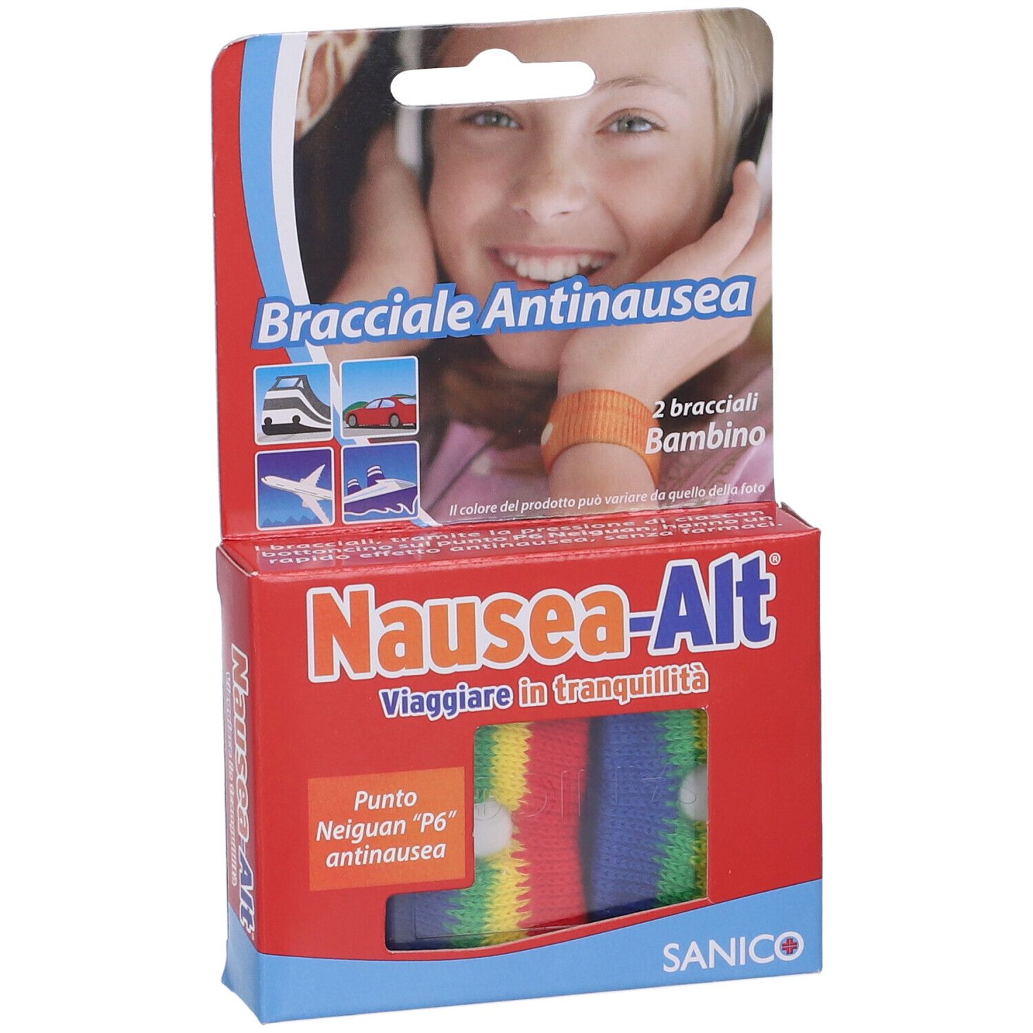 Confezione di braccialetti antinausea per bambini. Scatola rossa con nome e logo del prodotto. Braccialetti visibili nella confezione.