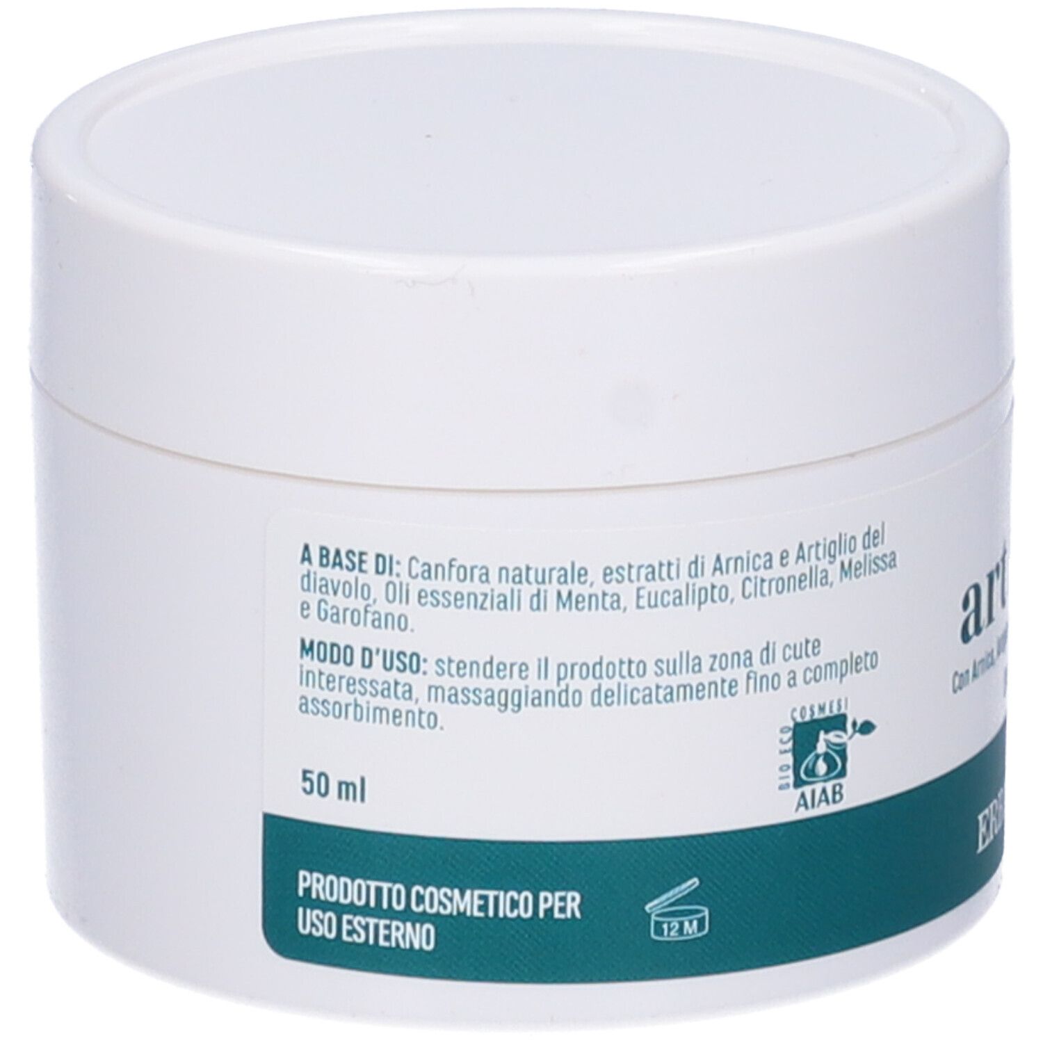 Retro del vaso bianco con etichetta verde. Testo: ingredienti, modo d'uso, 50 ml. Certificazione AIAB.