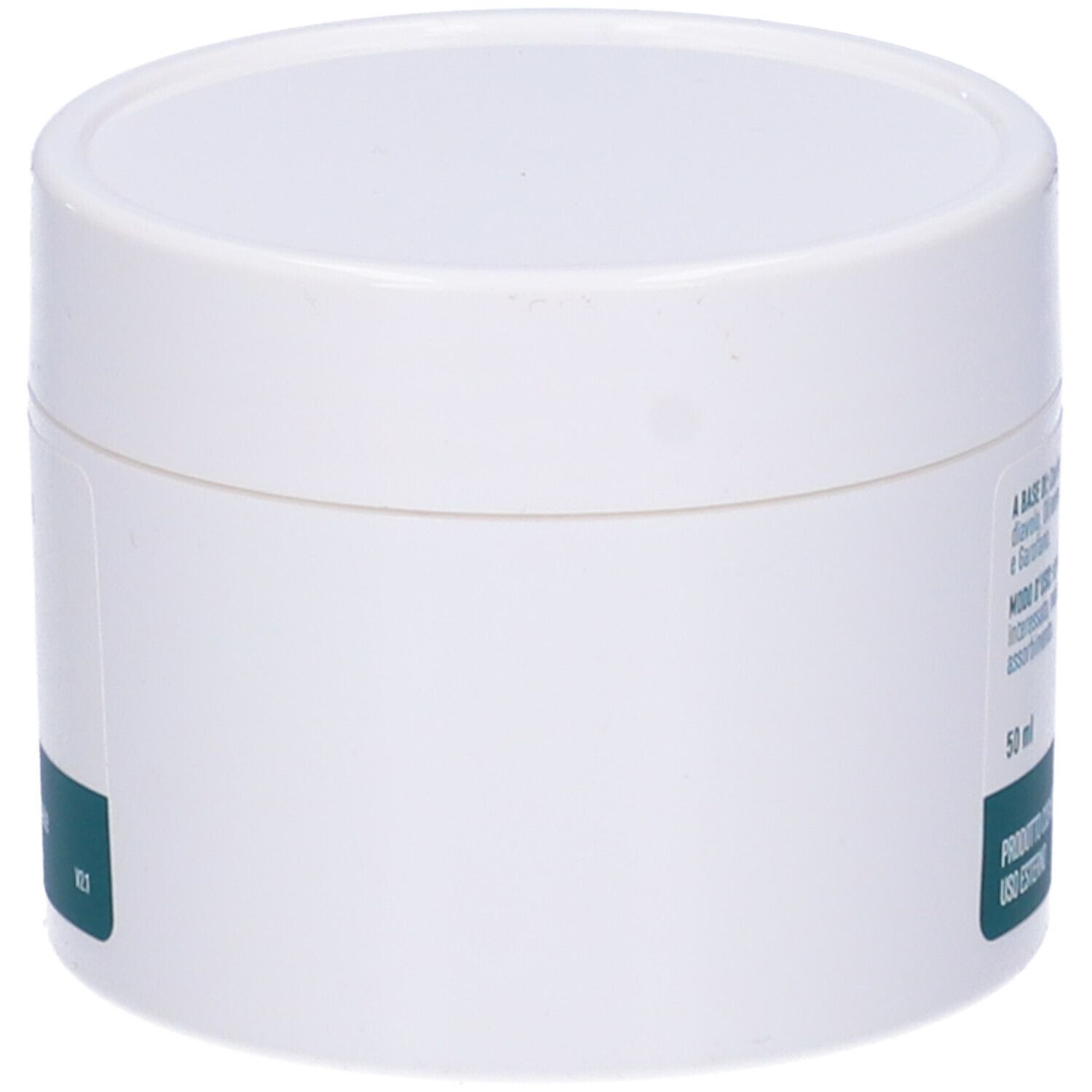 Vaso bianco, vista laterale. Scritte ed etichette non visibili. Coperchio e corpo cilindrico.