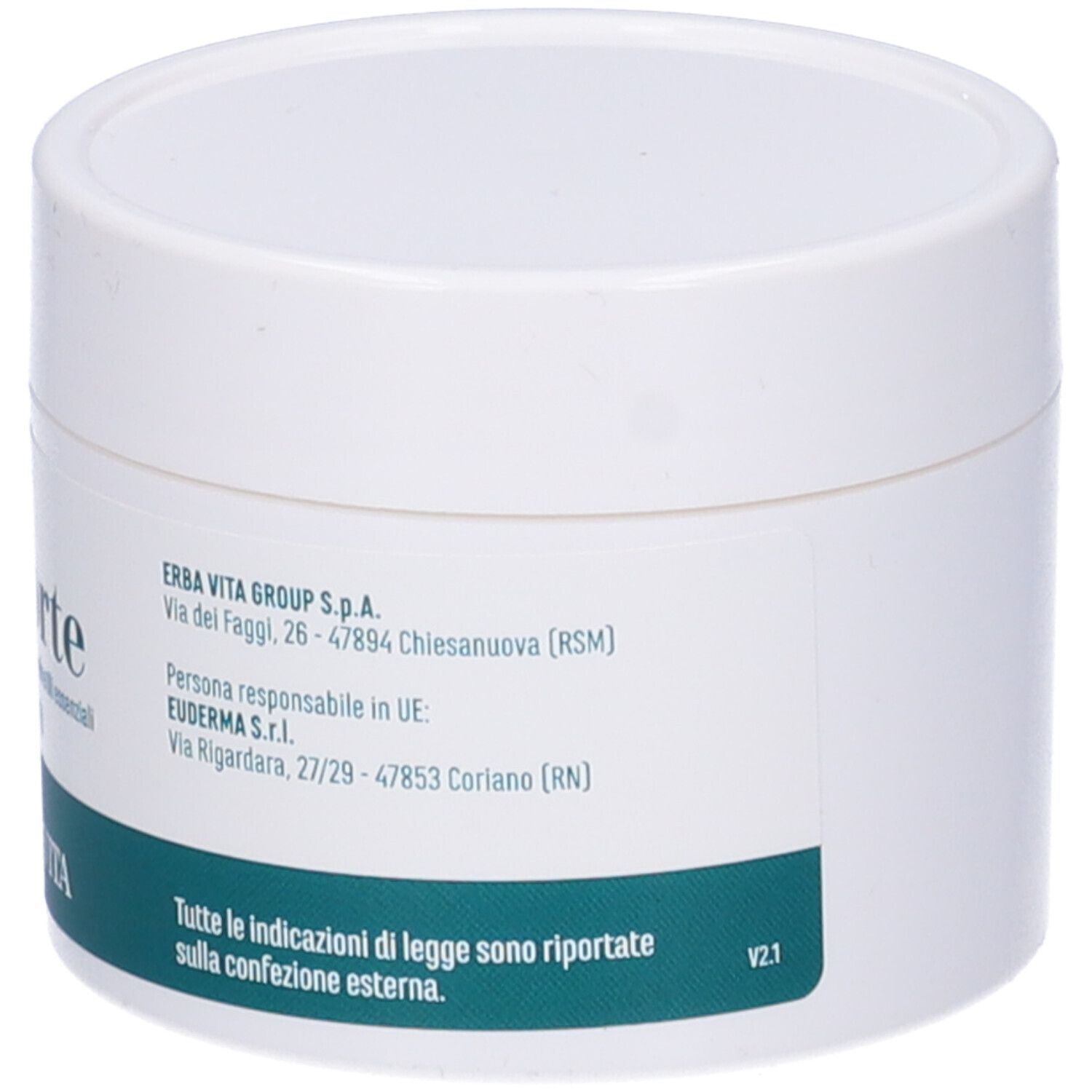 Vaso bianco con etichetta verde. Testo: indirizzo produttore, indirizzo UE, note legali. V2.1.