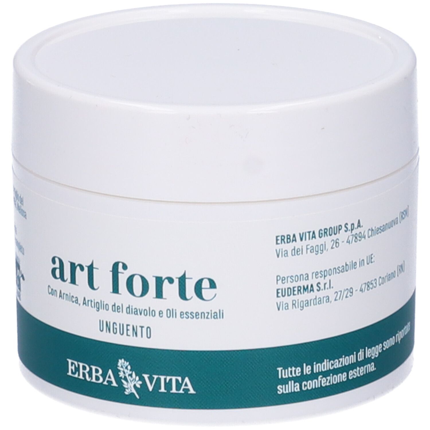Vaso bianco con etichetta verde. Scritta: art forte, Unguento, Erba Vita. Indirizzo del produttore.