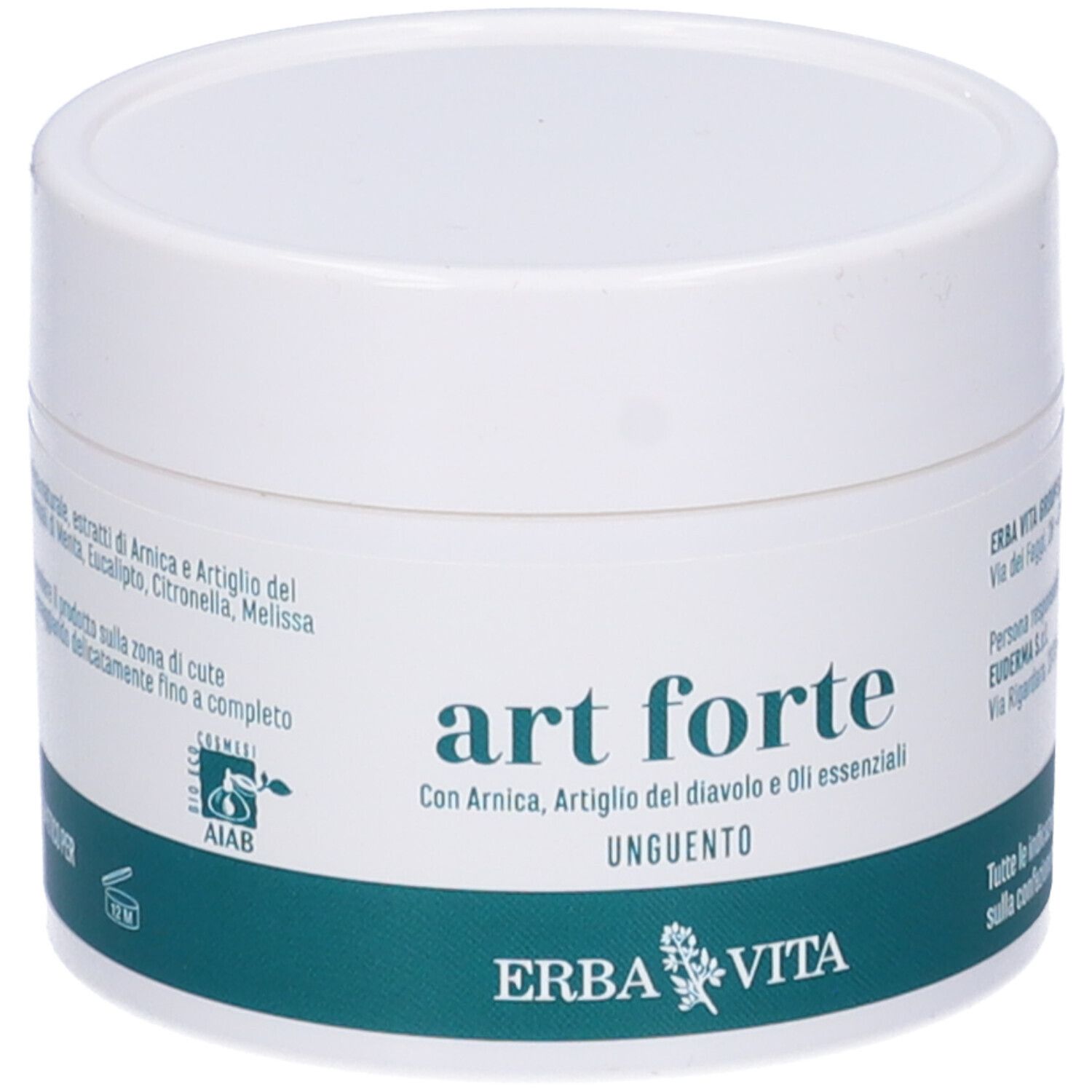 Vaso bianco con etichetta verde. Scritta: art forte, Unguento, Erba Vita. Certificazione AIAB.