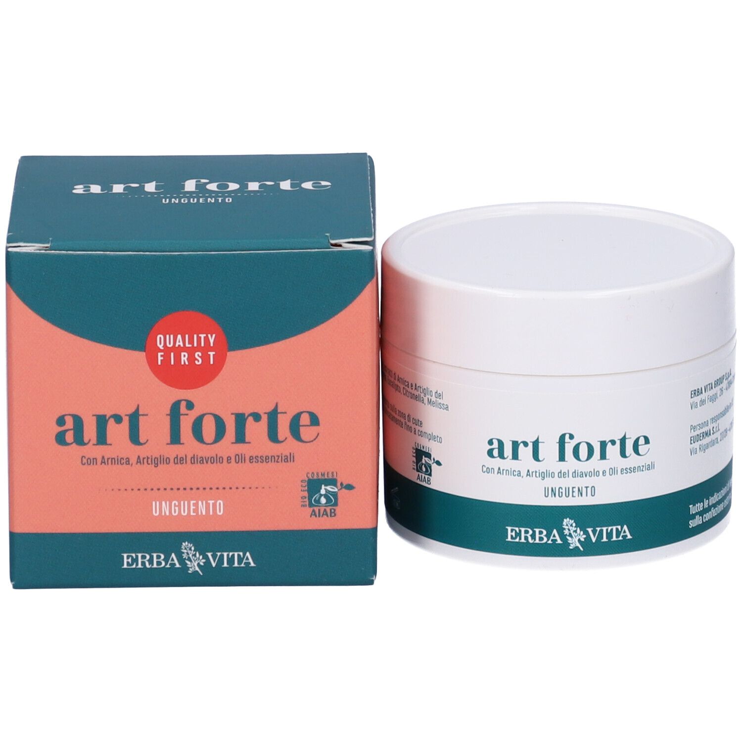 Confezione prodotto: scatola e vaso. Scatola: art forte, Unguento, certificazione AIAB. Vaso: art forte.