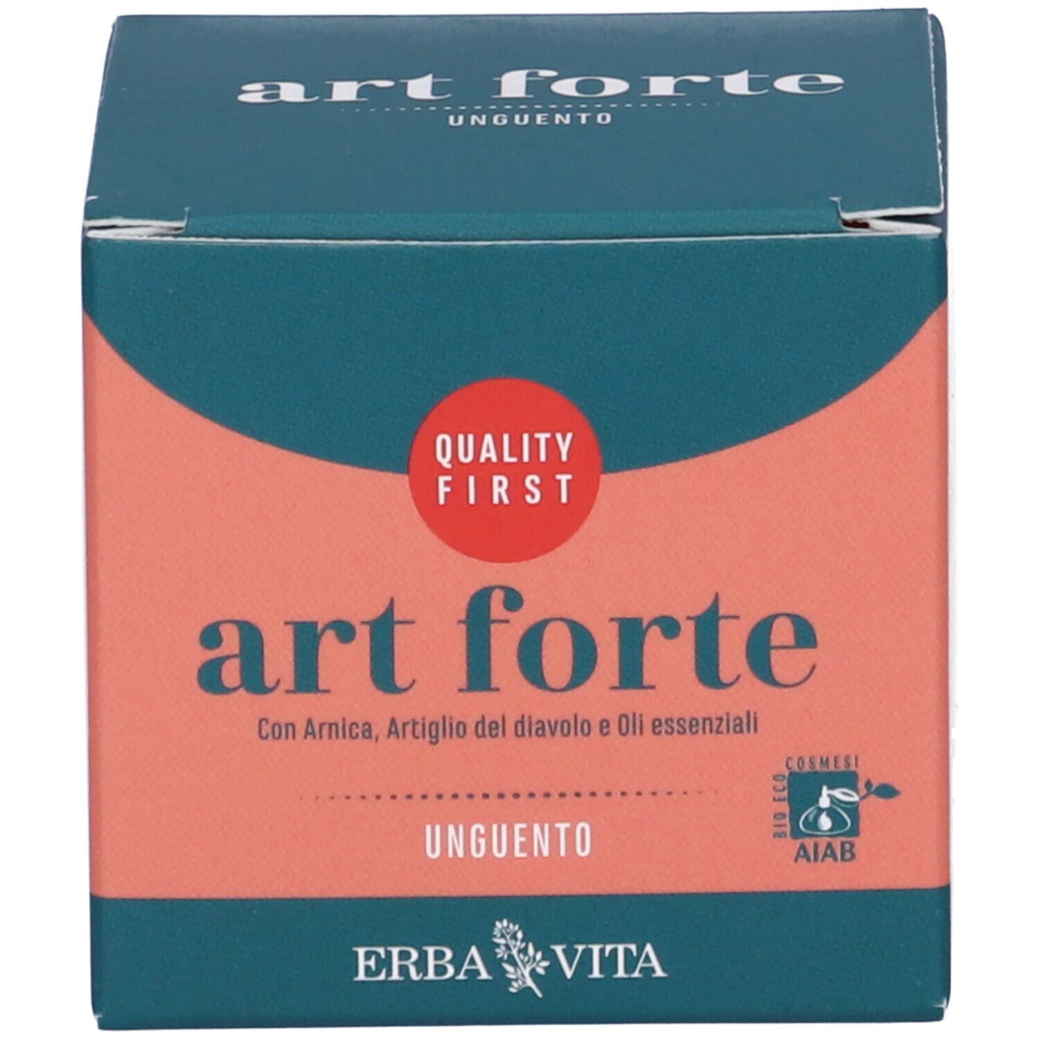 Confezione prodotto: scatola. Scritta: art forte, Unguento, Erba Vita. Certificazione AIAB.