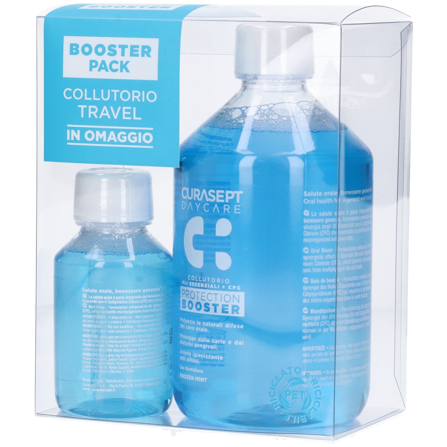 Due flaconi di collutorio in confezione trasparente. I flaconi contengono liquido blu. Scritte: Curasept Daycare, Protection Booster.