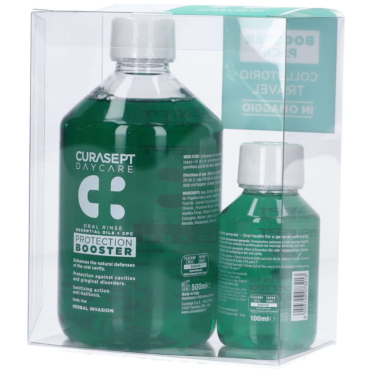Due flaconi di collutorio in confezione trasparente. Flacone grande: 500ml, flacone piccolo: 100ml.