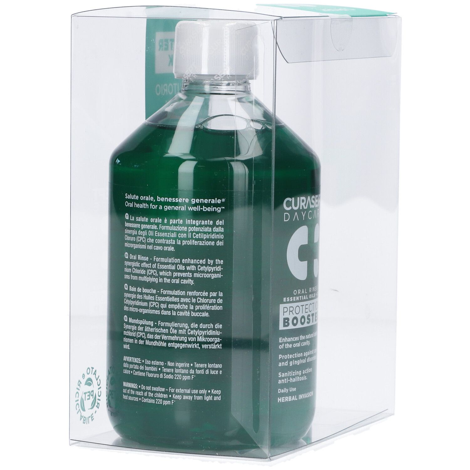 Retro di un flacone di collutorio in confezione trasparente. Informazioni testuali e loghi.