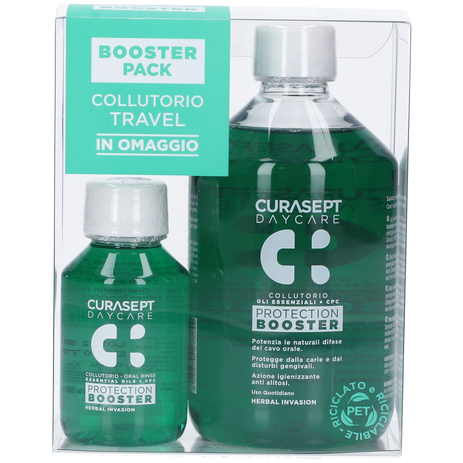 Due flaconi di collutorio in confezione trasparente. Stampa 'Booster Pack' e nome del prodotto.