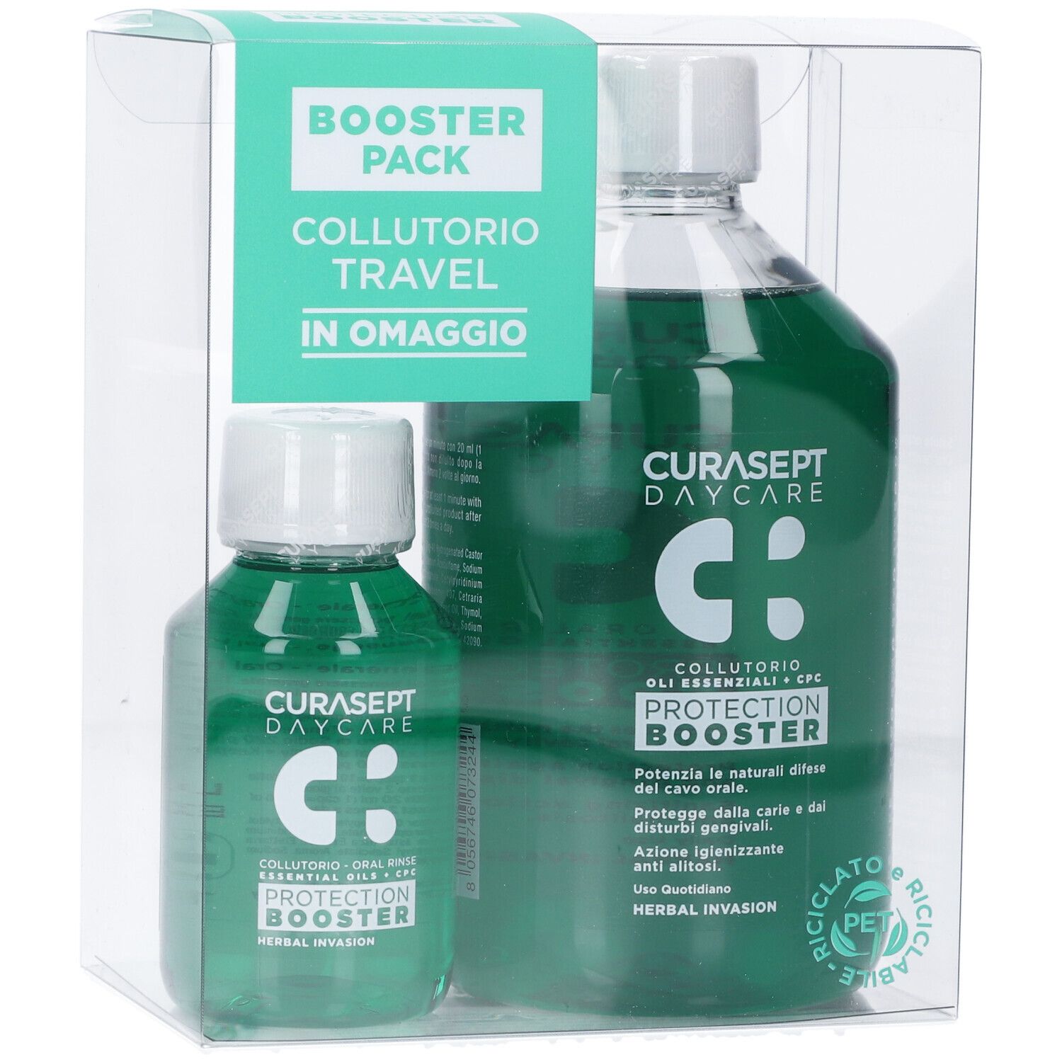 Due flaconi di collutorio in confezione trasparente. Stampa 'Booster Pack' e nome del prodotto.