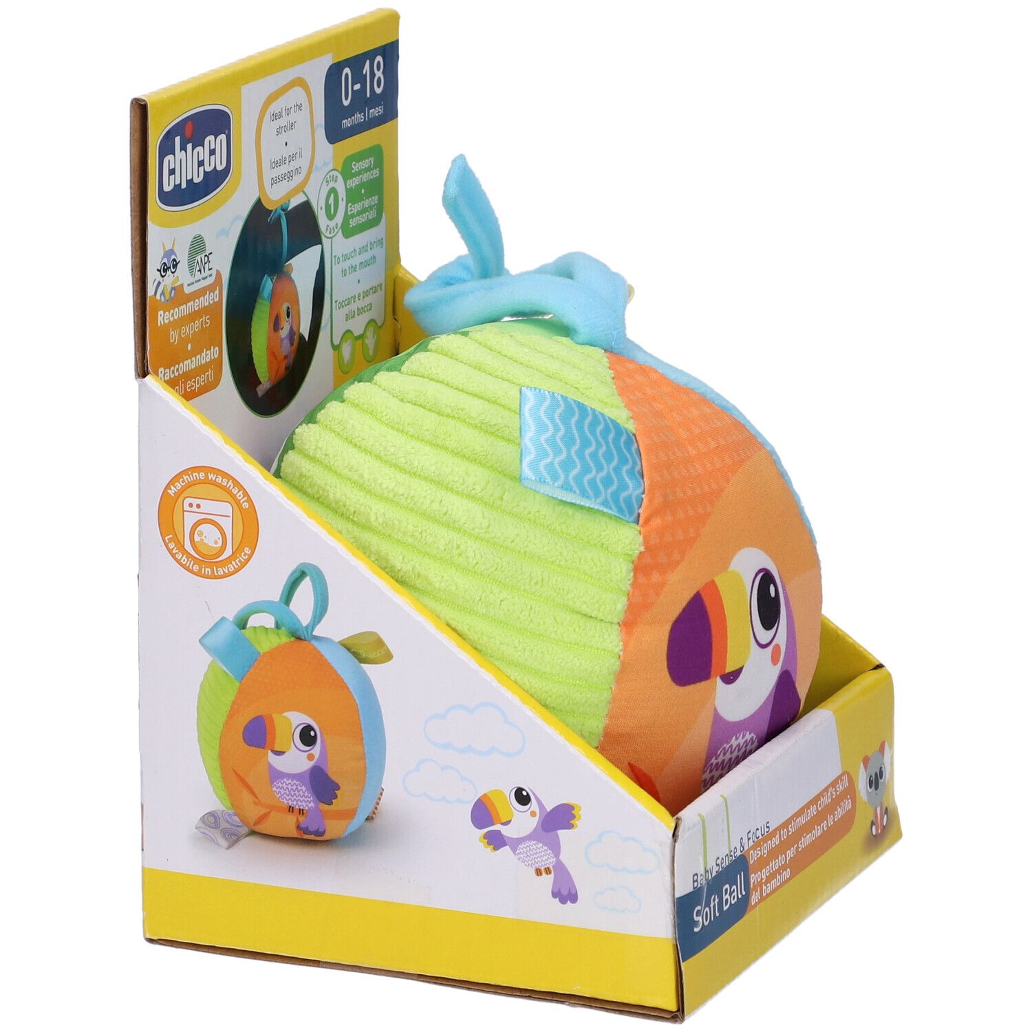 Palla morbida in confezione. Verde, arancione e blu. Motivo uccello. Marchio Chicco. Lavabile in lavatrice.