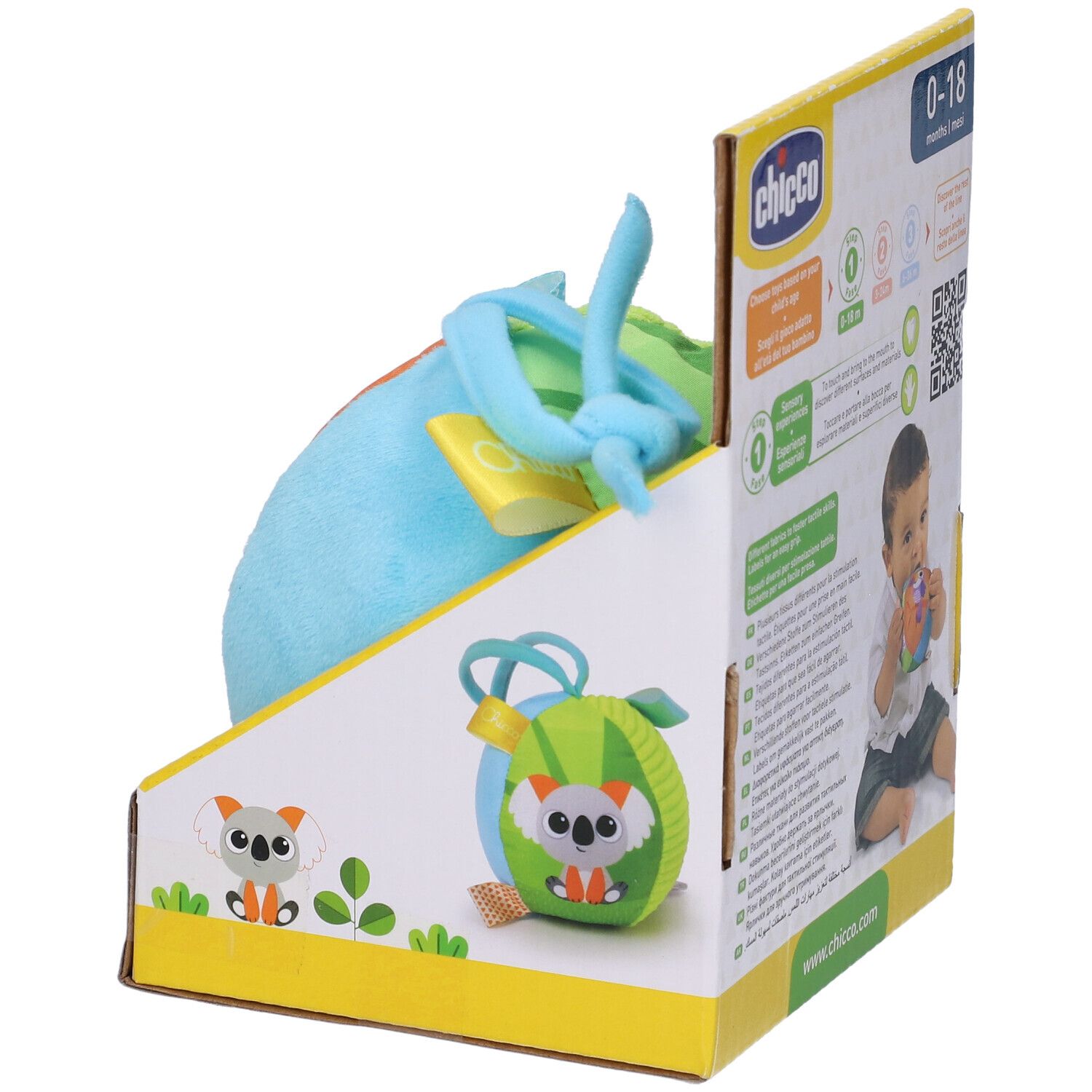 Confezione con palla morbida. Motivo koala. Marchio Chicco. Testo: 0-18 mesi. Ideale per passeggino.