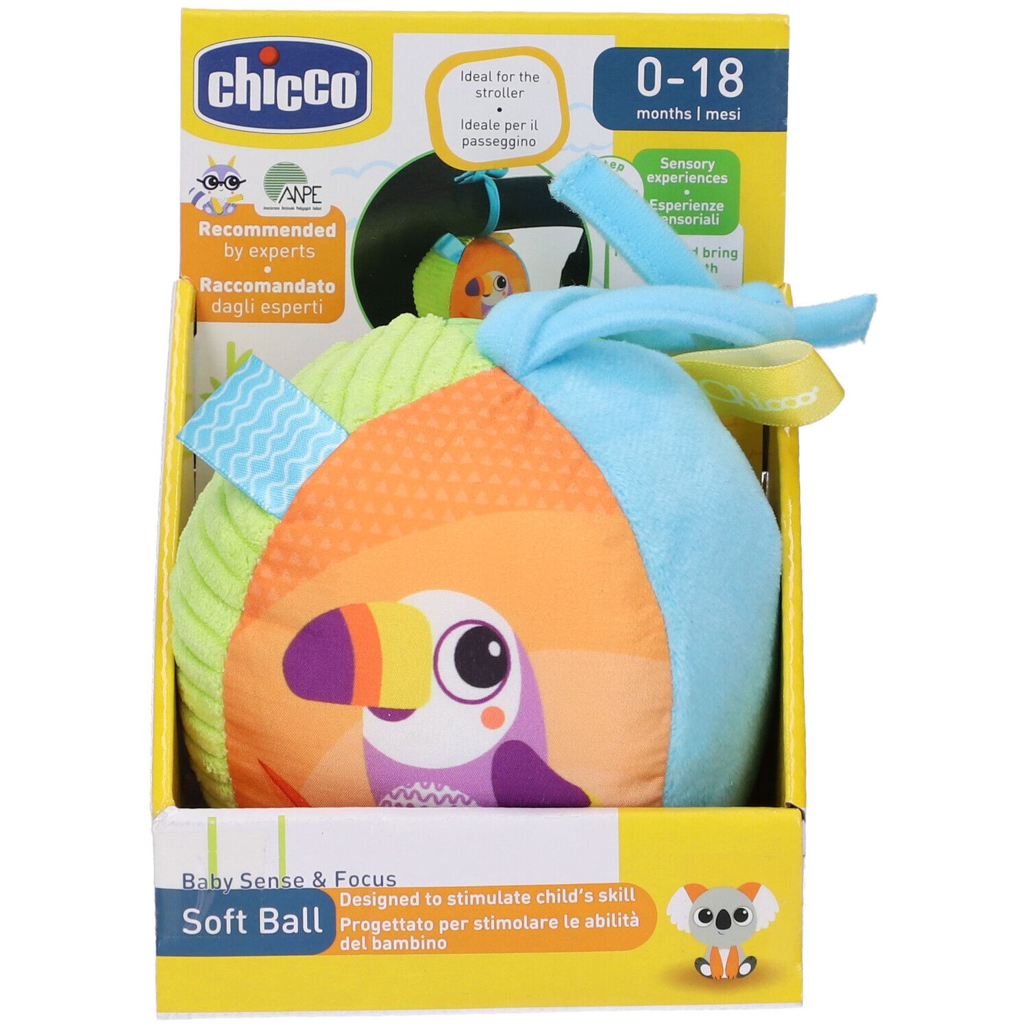 Palla morbida in confezione. Multicolore, motivo uccello. Marchio Chicco. 0-18 mesi.