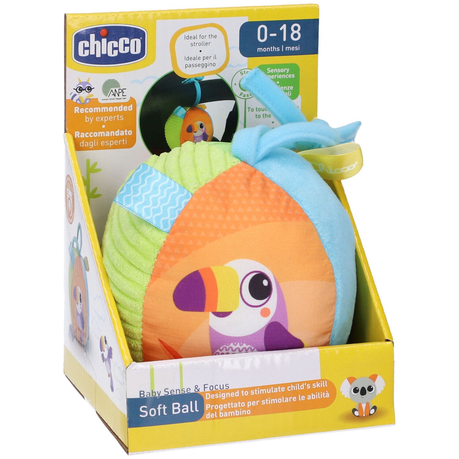 Palla morbida in confezione. Multicolore, motivo uccello. Marchio Chicco. 0-18 mesi.