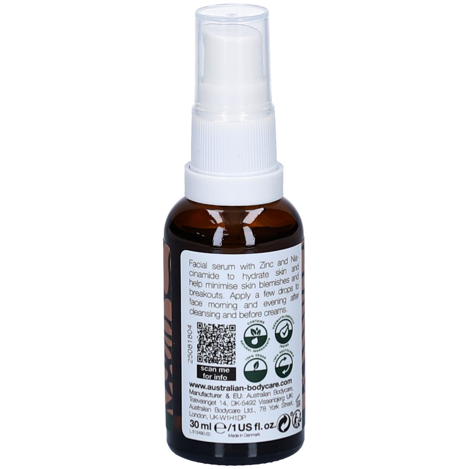 Flacone marrone con erogatore bianco. Scritta: Blemish Serum. Testo sul retro.