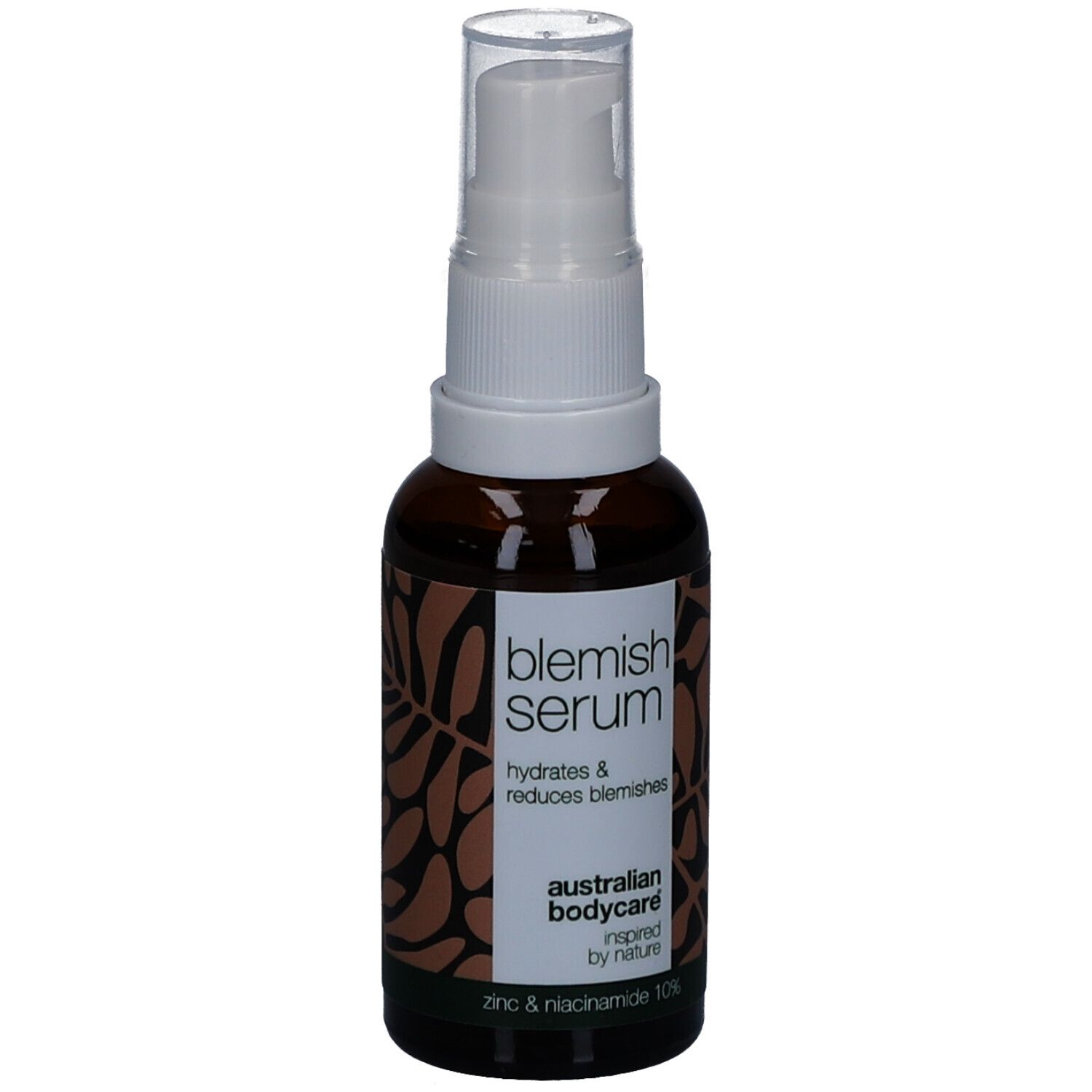 Flacone marrone con erogatore bianco. Scritta: Blemish Serum, idrata e riduce le imperfezioni.