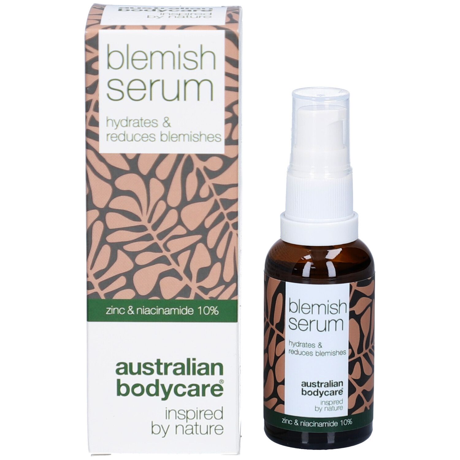 Confezione e flacone. Scritta: Blemish Serum, idrata e riduce le imperfezioni. Con testo.