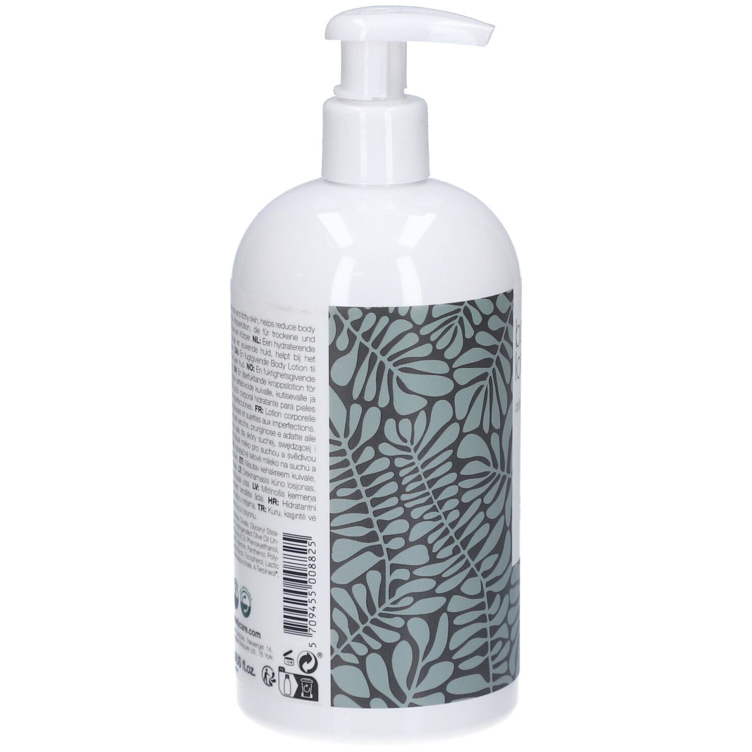 Flacone bianco con dosatore. Etichetta con motivo floreale e testo. Retro con testo.