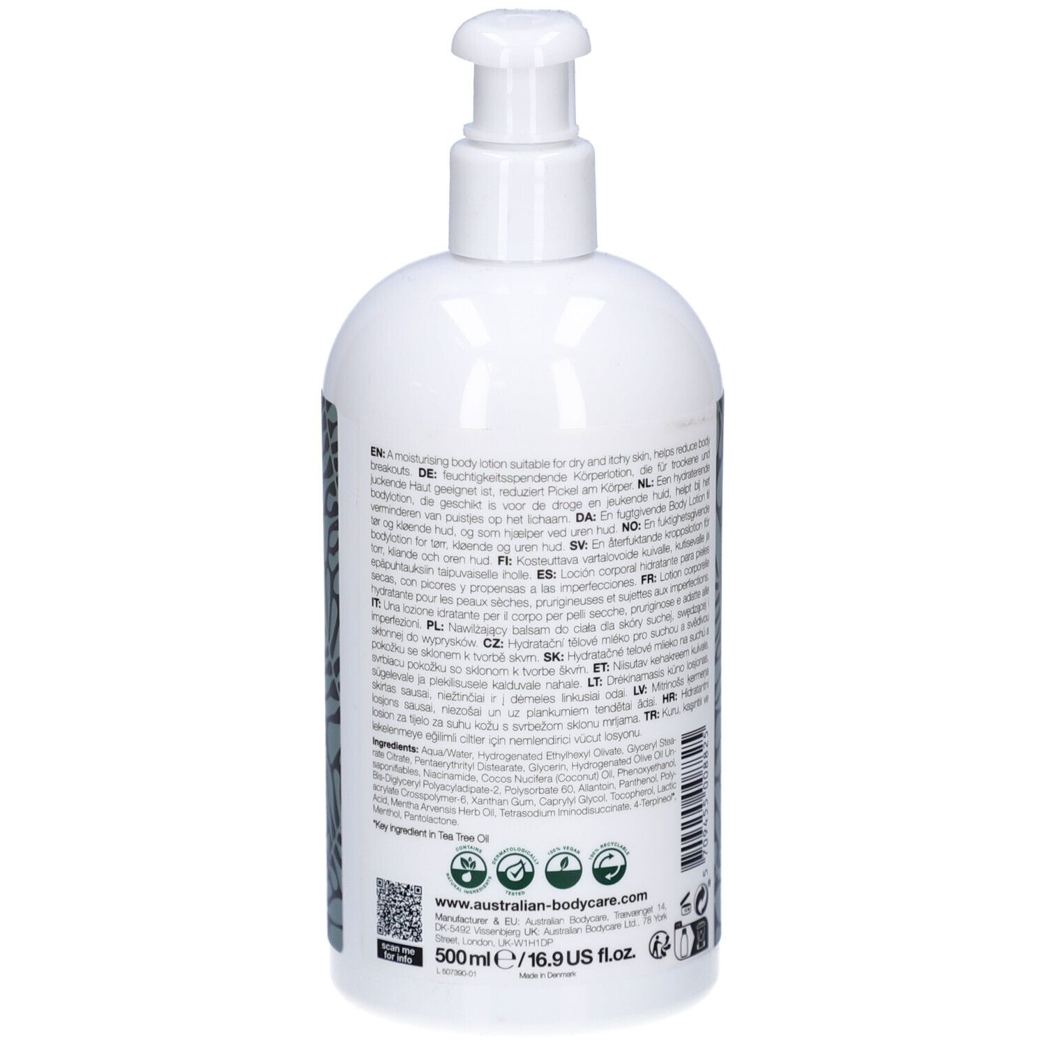 Flacone bianco con dosatore. Etichetta con motivo floreale e testo. Retro con testo.