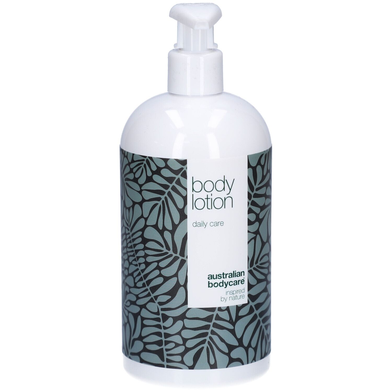 Flacone bianco con dosatore. Etichetta con motivo floreale e testo: body lotion, australian bodycare.