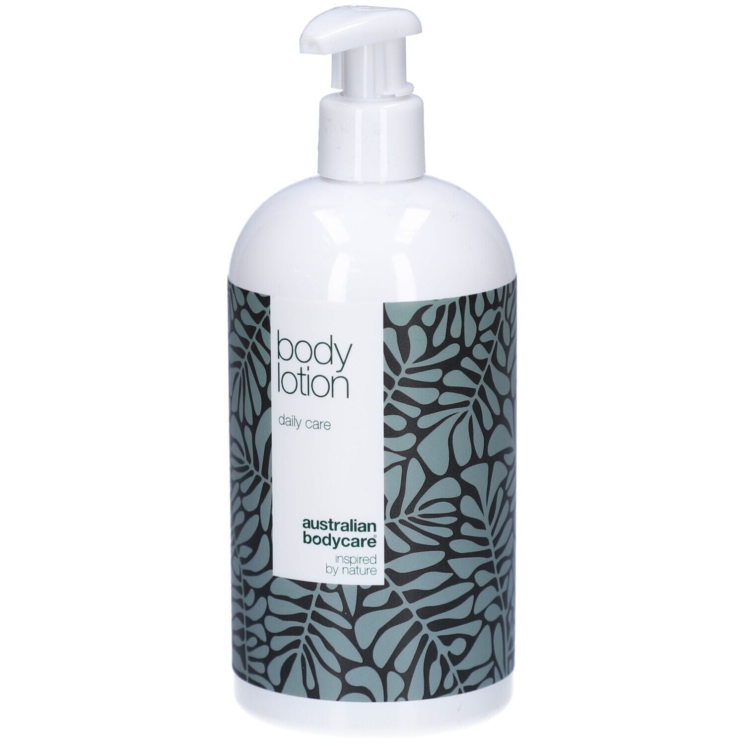 Flacone bianco con dosatore. Etichetta con motivo floreale e testo: body lotion, australian bodycare.