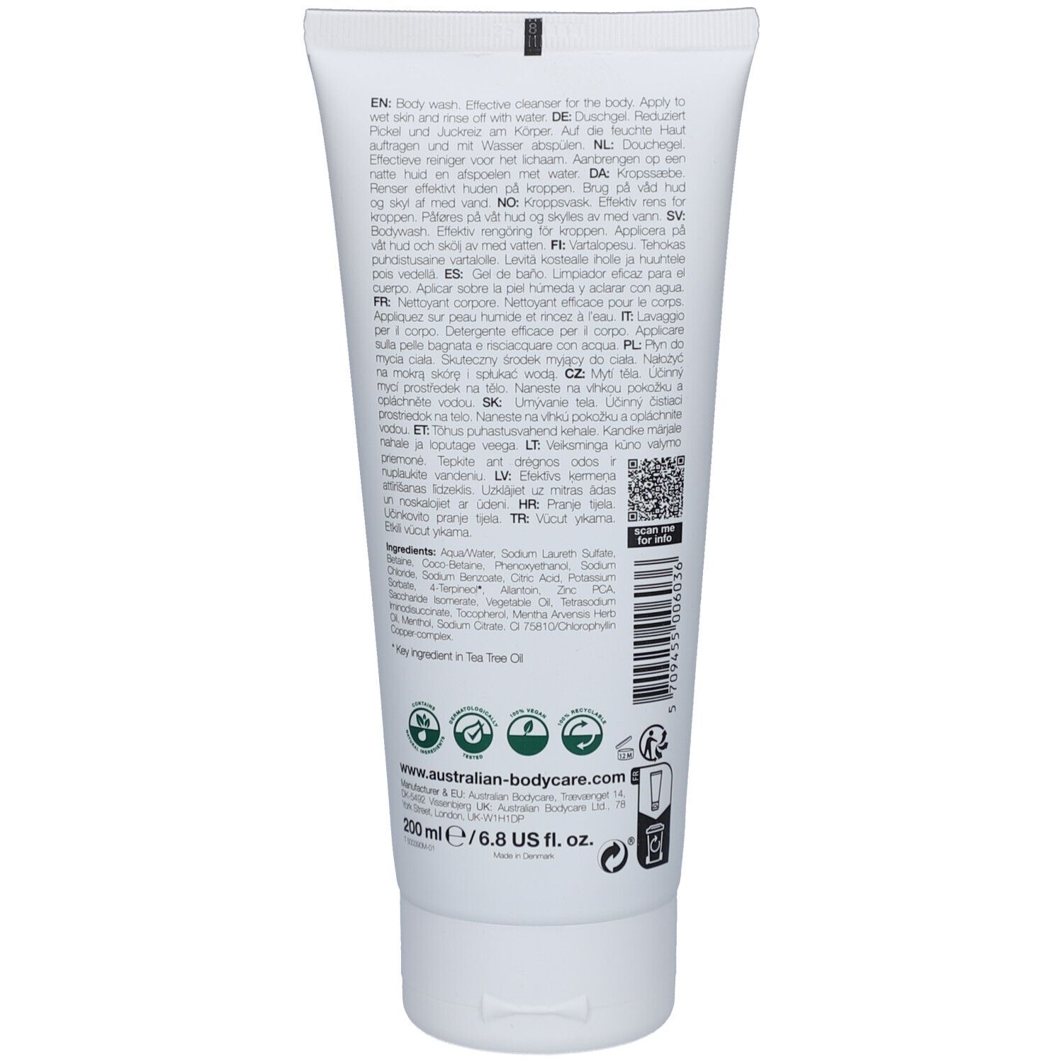 Retro del tubo. Testo multilingue. Loghi: Australian Bodycare, riciclabile, olio di tea tree.