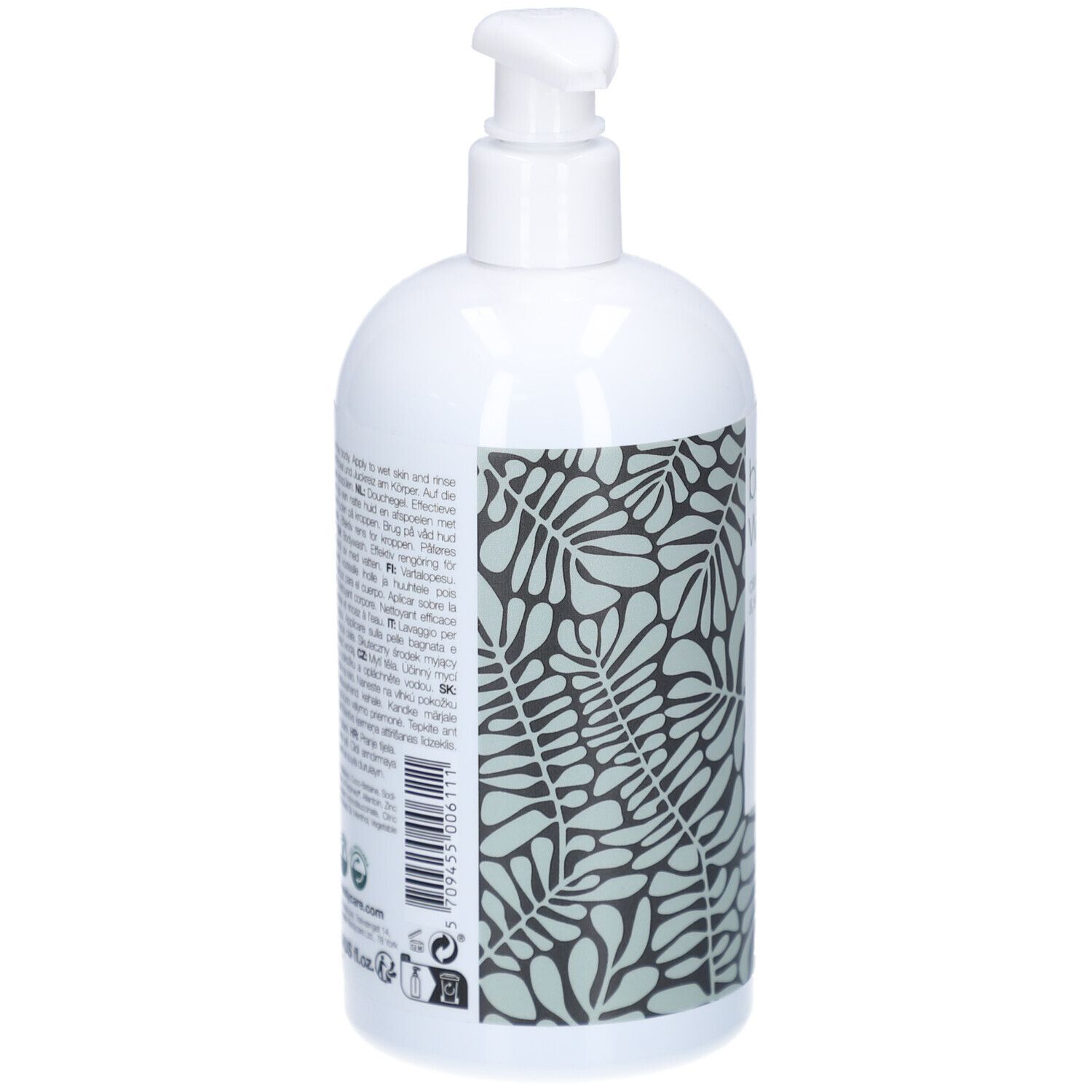 Flacone bianco con dosatore. Retro con testo e motivo a foglie. « Australian Bodycare ».