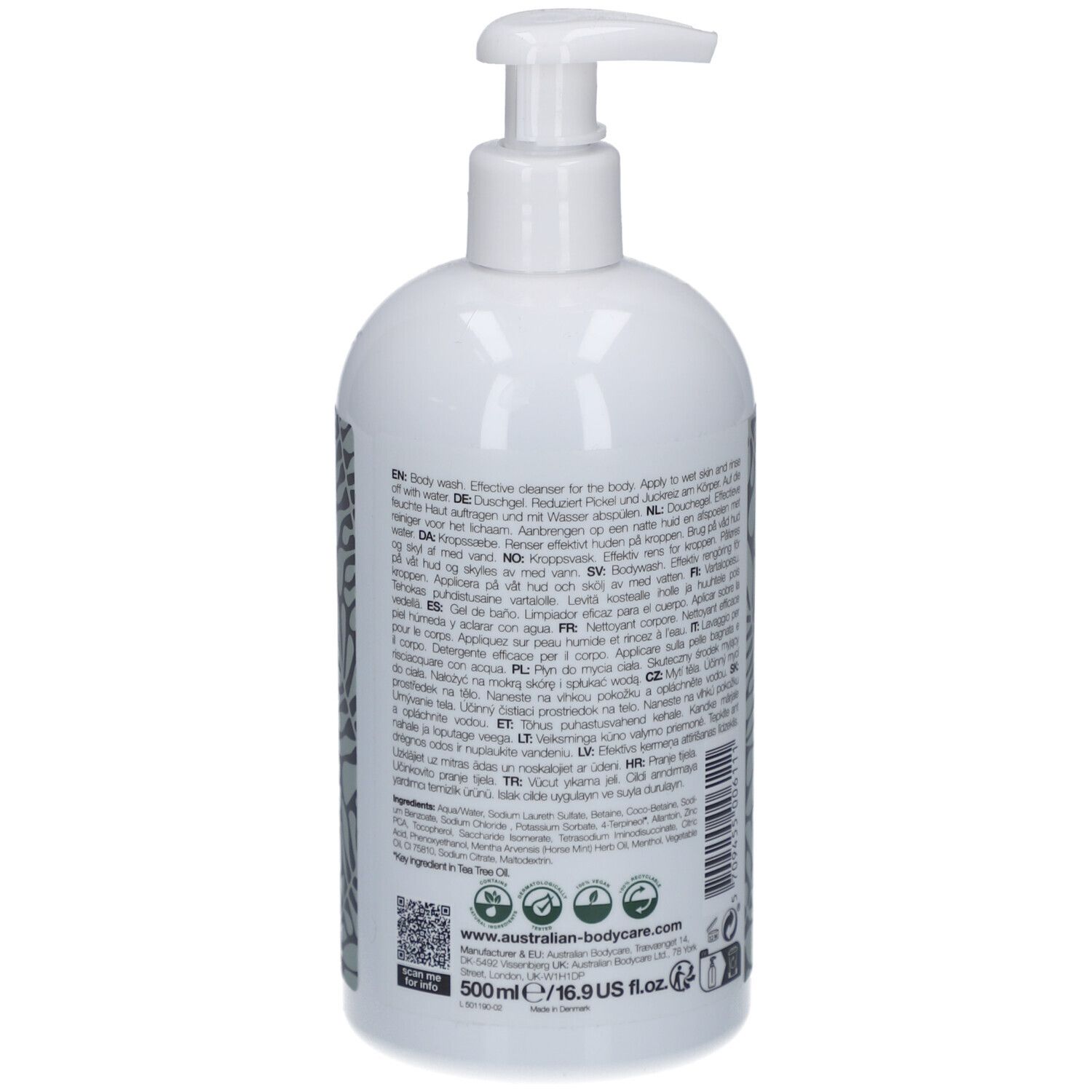 Flacone bianco con dosatore. Retro con testo, QR code e motivo a foglie. « Australian Bodycare ».