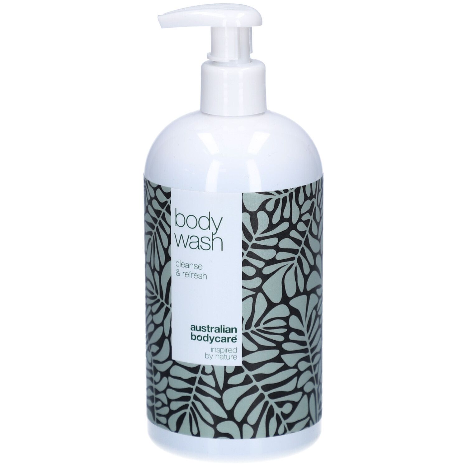Flacone bianco con dosatore. Etichetta con « body wash » e motivo a foglie. « Australian Bodycare ».
