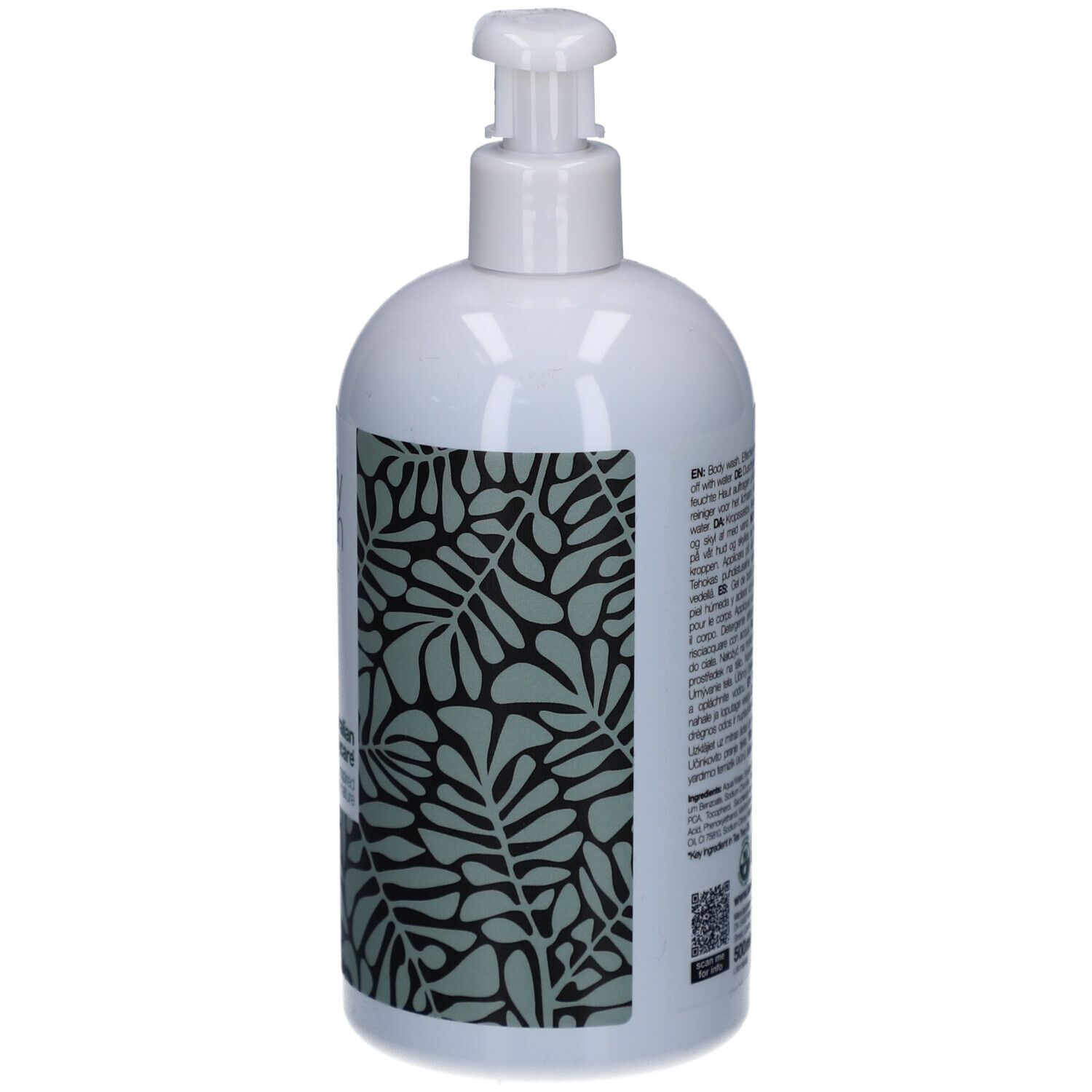 Flacone bianco con dosatore. Retro con testo e motivo a foglie. « Australian Bodycare ».