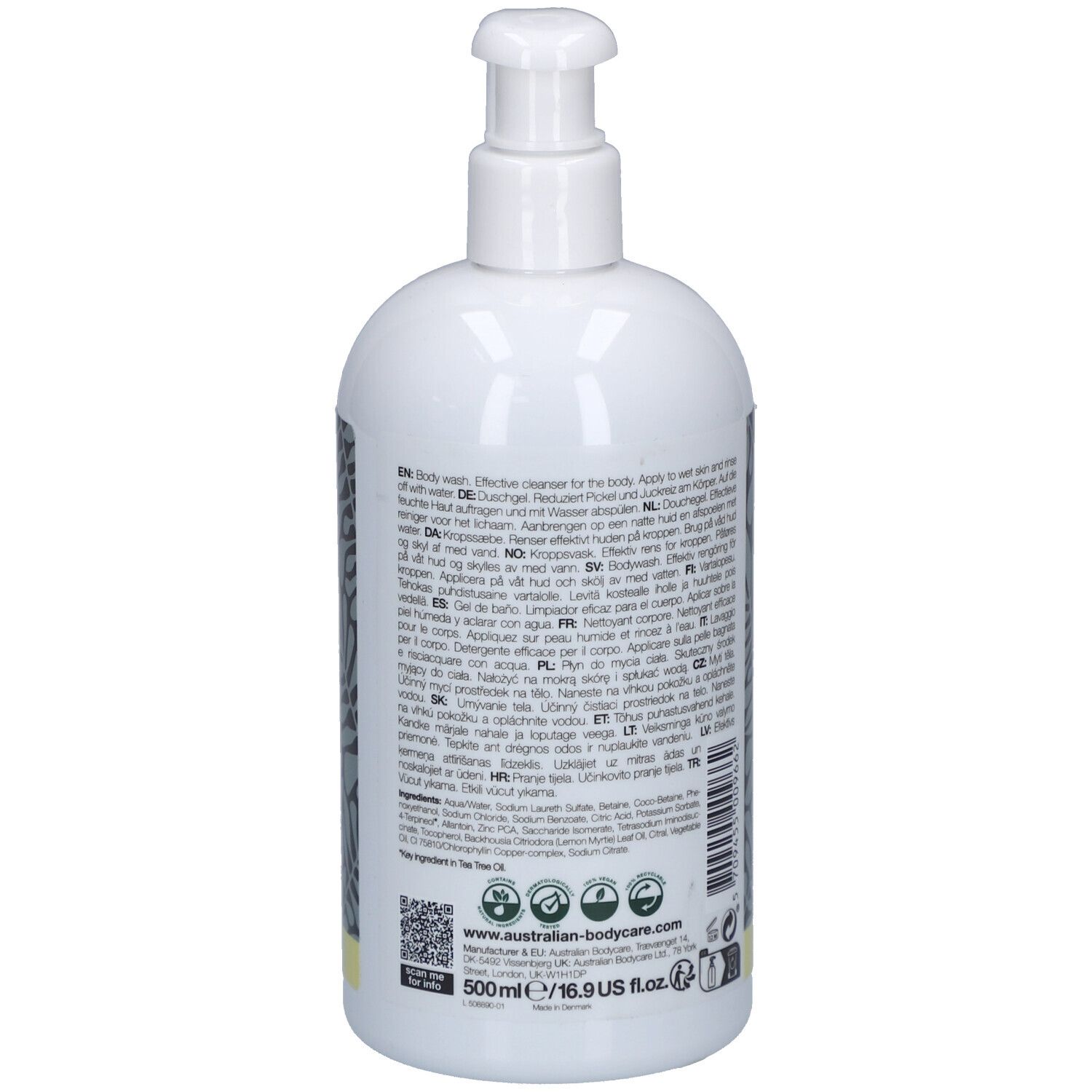 Retro del flacone bianco con dosatore. Testo e motivo. Striscia gialla in basso.