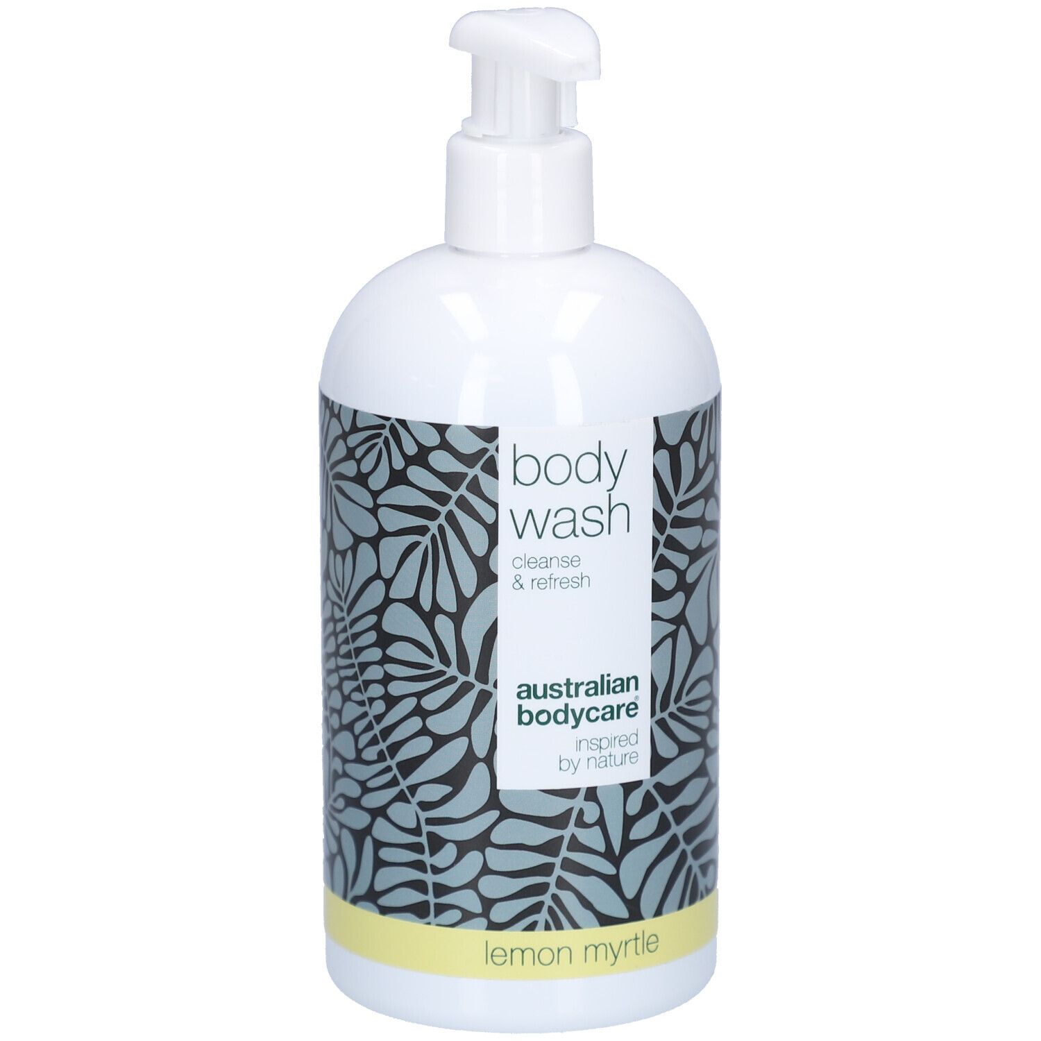 Flacone bianco con dosatore. Scritta: body wash, cleanse & refresh. Logo: Australian Bodycare. Striscia gialla.