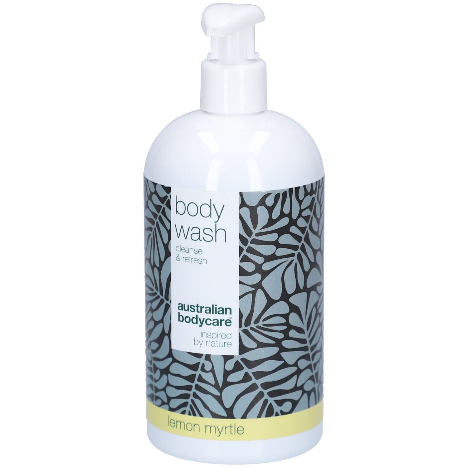 Flacone bianco con dosatore. Scritta: body wash, cleanse & refresh. Logo: Australian Bodycare. Striscia gialla.