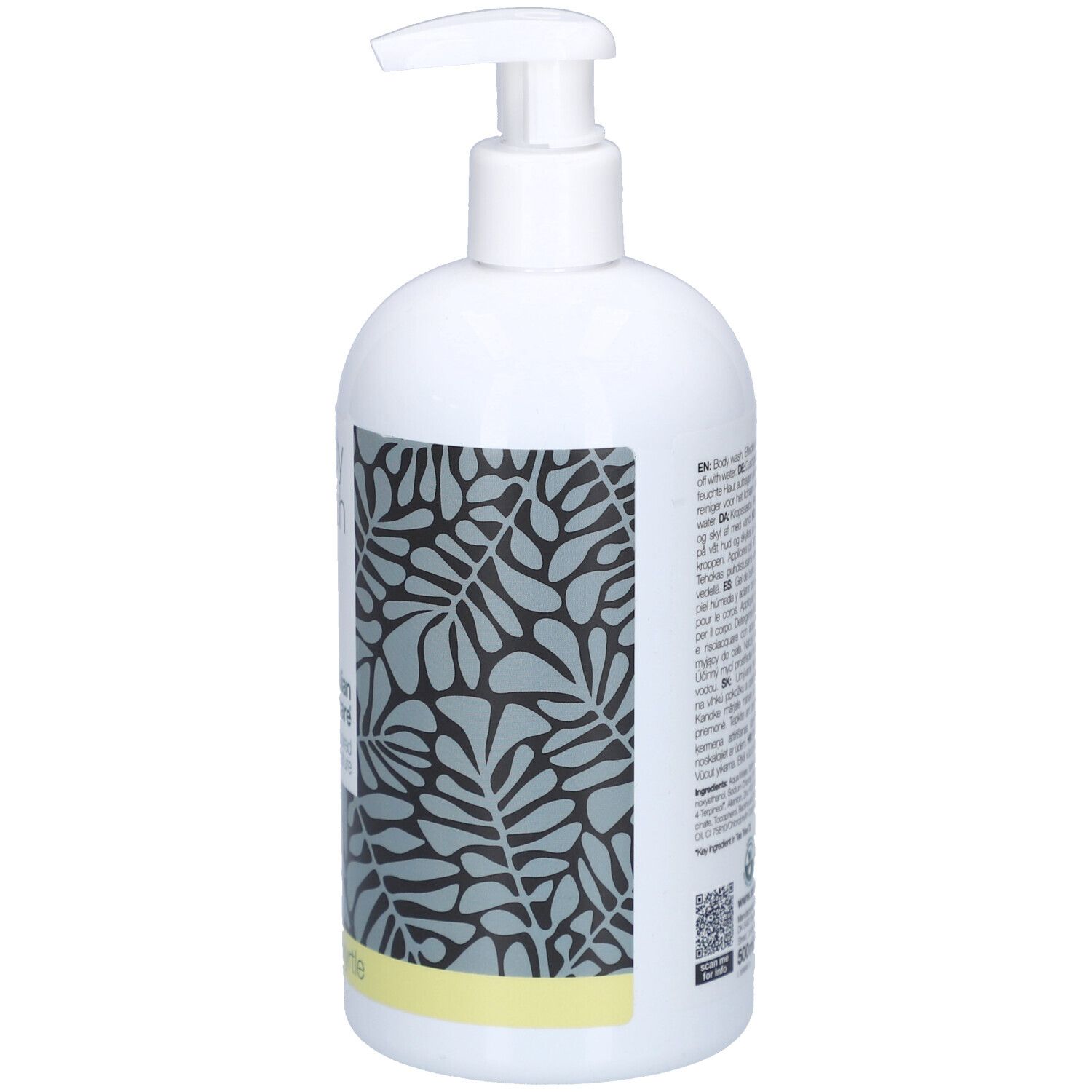 Retro del flacone bianco con dosatore. Testo e motivo. Striscia gialla in basso.