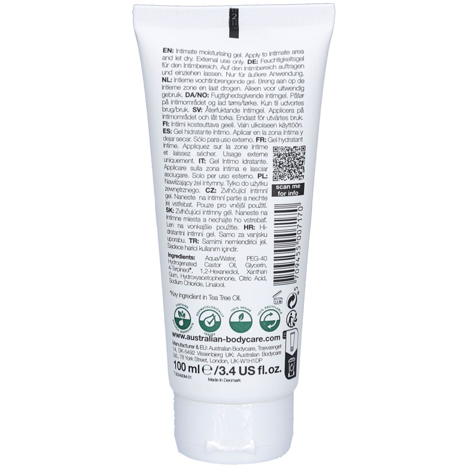 Retro del tubo Femi Daily. Testo multilingue, ingredienti, informazioni produttore.