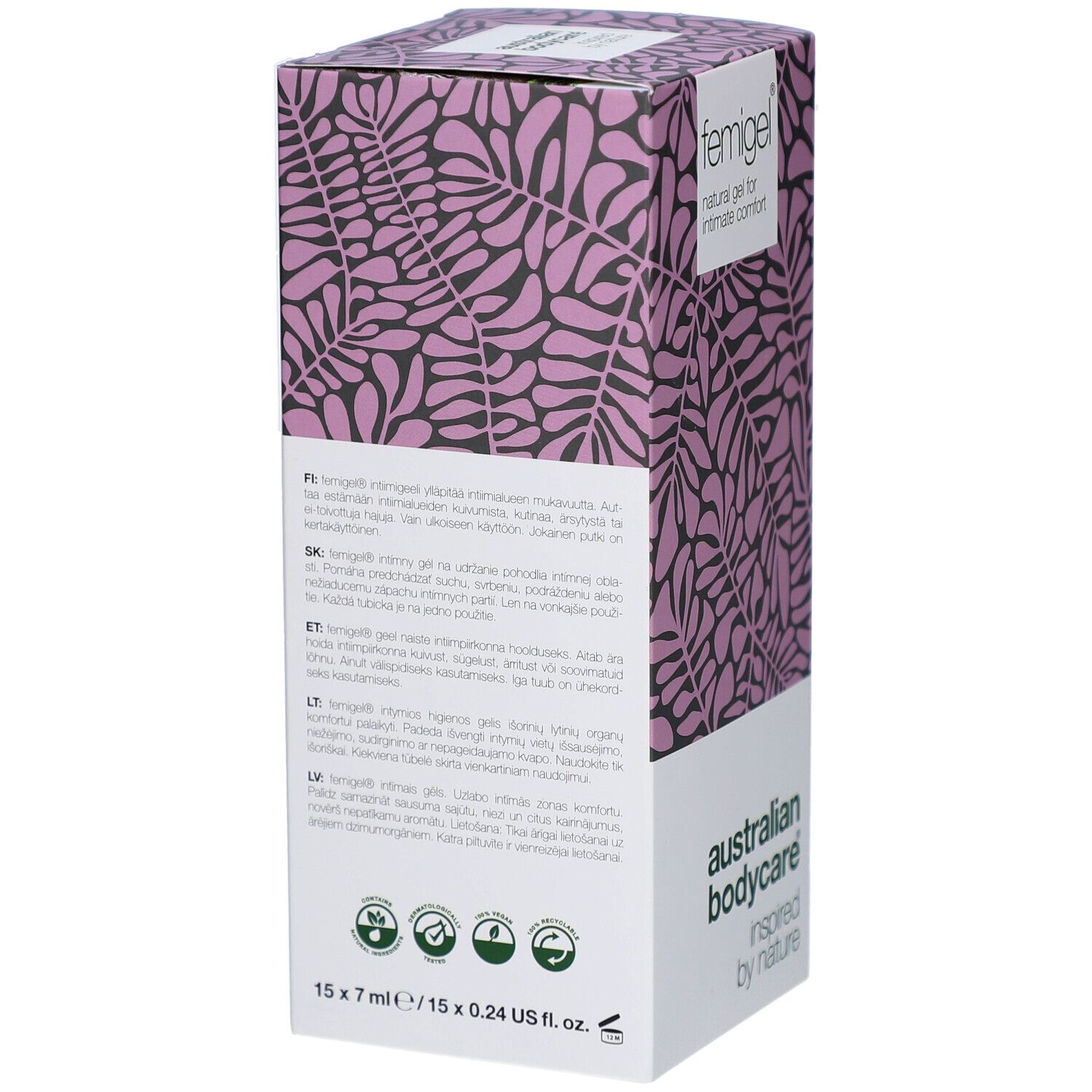 Scatola Femigel. Motivo foglie lilla. Testo multilingue. 15 x 7 ml/15 x 0,24 US fl. oz.