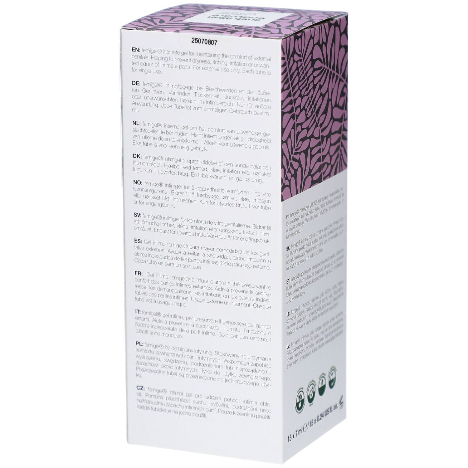 Scatola Femigel. Motivo foglie lilla. Testo multilingue. Codice prodotto. Codice QR.
