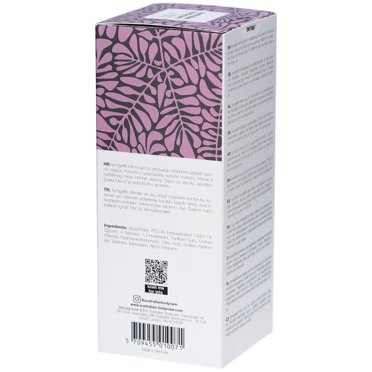 Scatola Femigel. Motivo foglie lilla. Testo multilingue. Ingredienti. Codice QR. Indirizzo sito web.