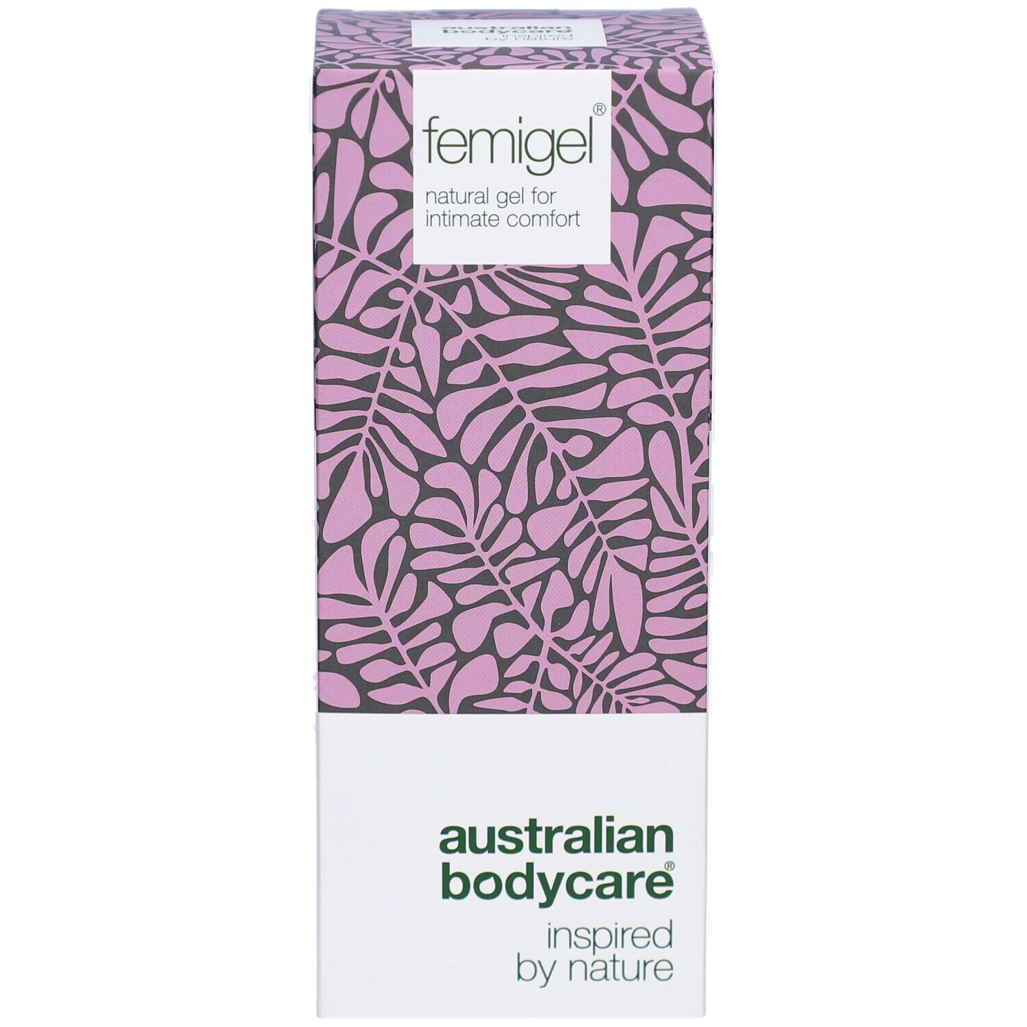 Scatola Femigel. Motivo foglie lilla. Femigel, gel naturale per comfort intimo. Logo Australian Bodycare.