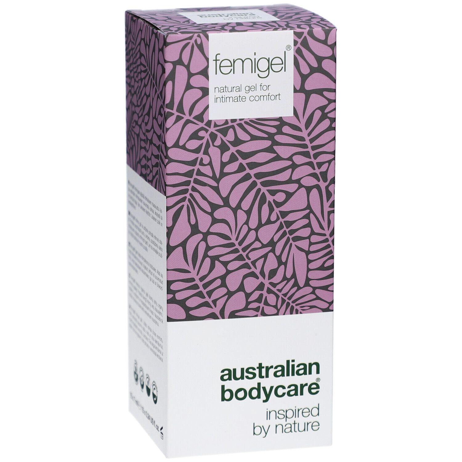 Scatola Femigel. Motivo foglie lilla. Femigel, gel naturale per comfort intimo. Logo Australian Bodycare.