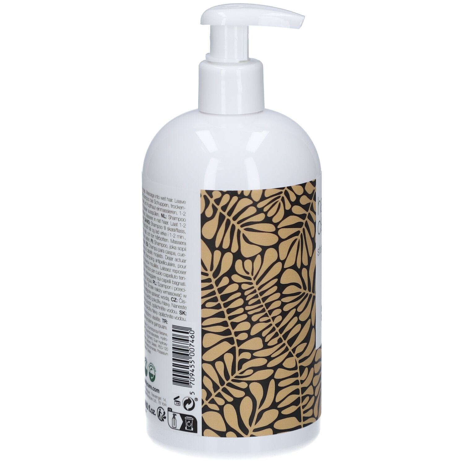 Flacone bianco con dosatore. Retro con testo e motivo a foglie dorate.