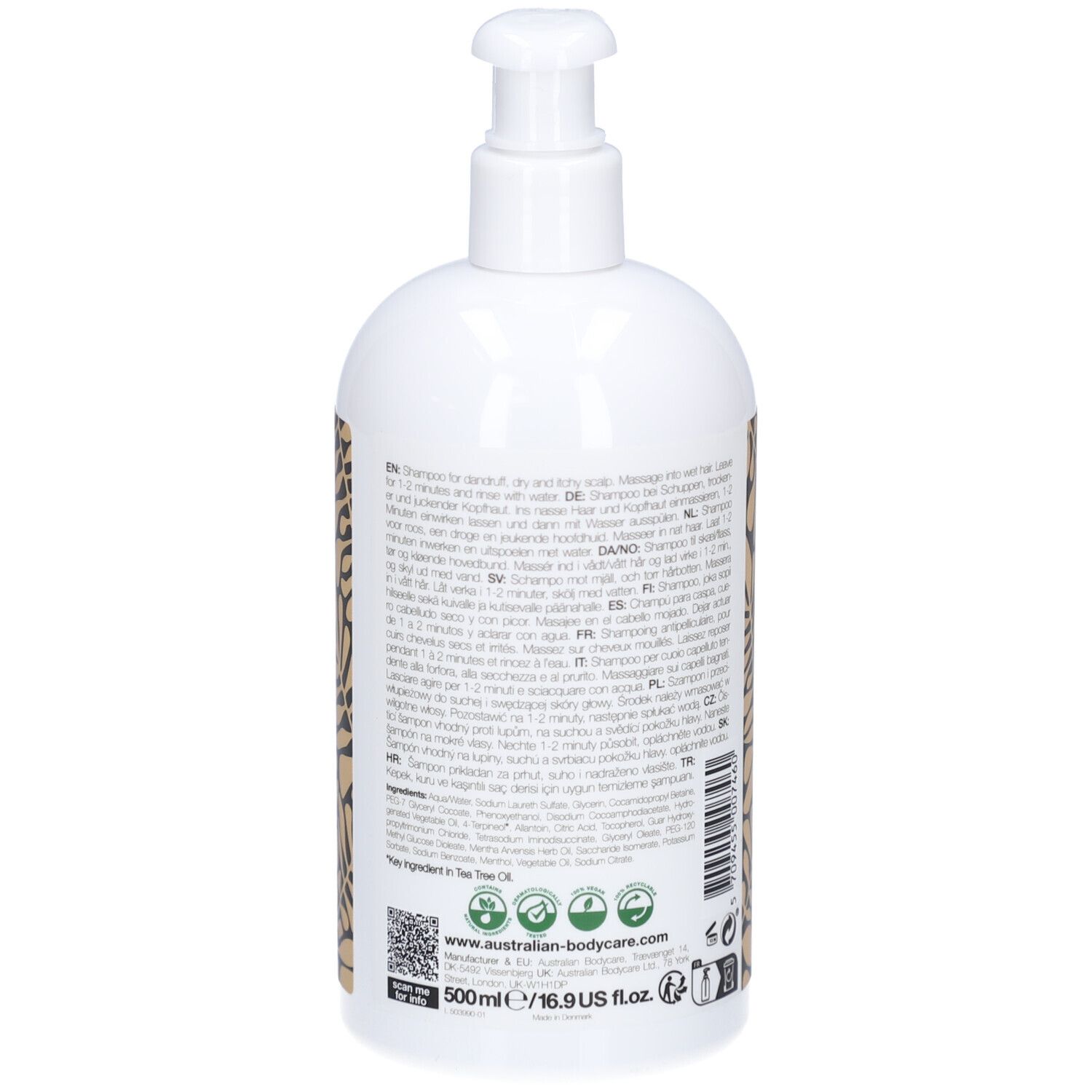 Retro del flacone. Testo multilingue. Motivo a foglie dorate. 500ml.