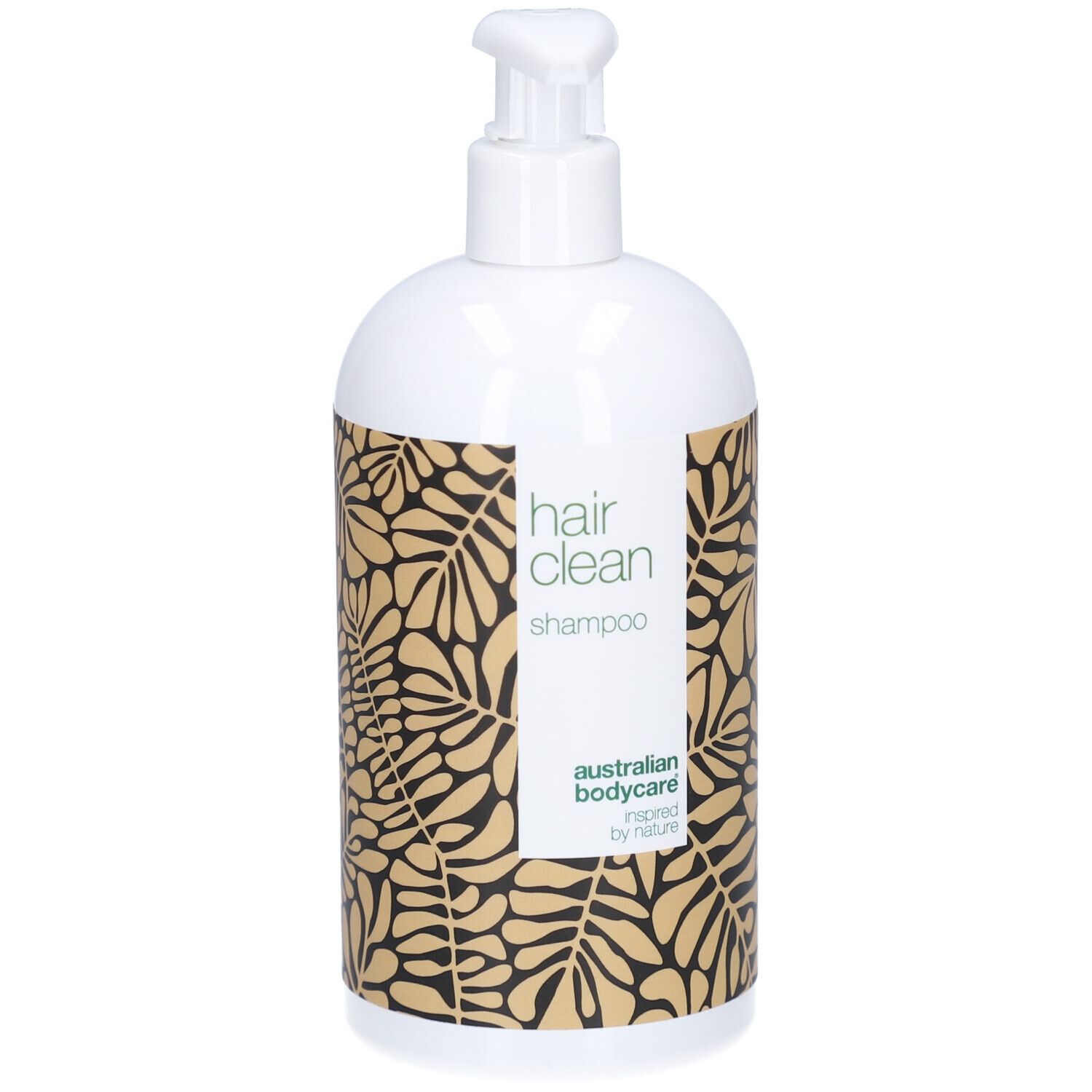 Flacone bianco con dosatore. Etichetta "hair clean shampoo". Motivo a foglie dorate.