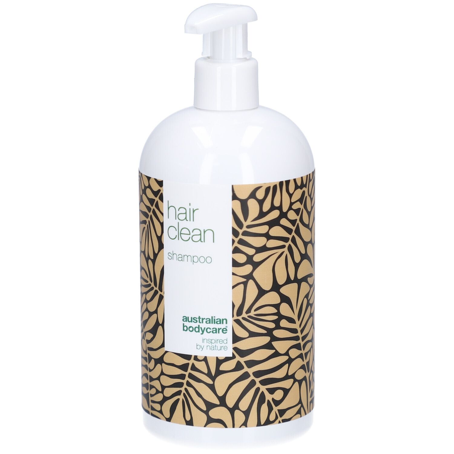 Flacone bianco con dosatore. Etichetta "hair clean shampoo". Motivo a foglie dorate.