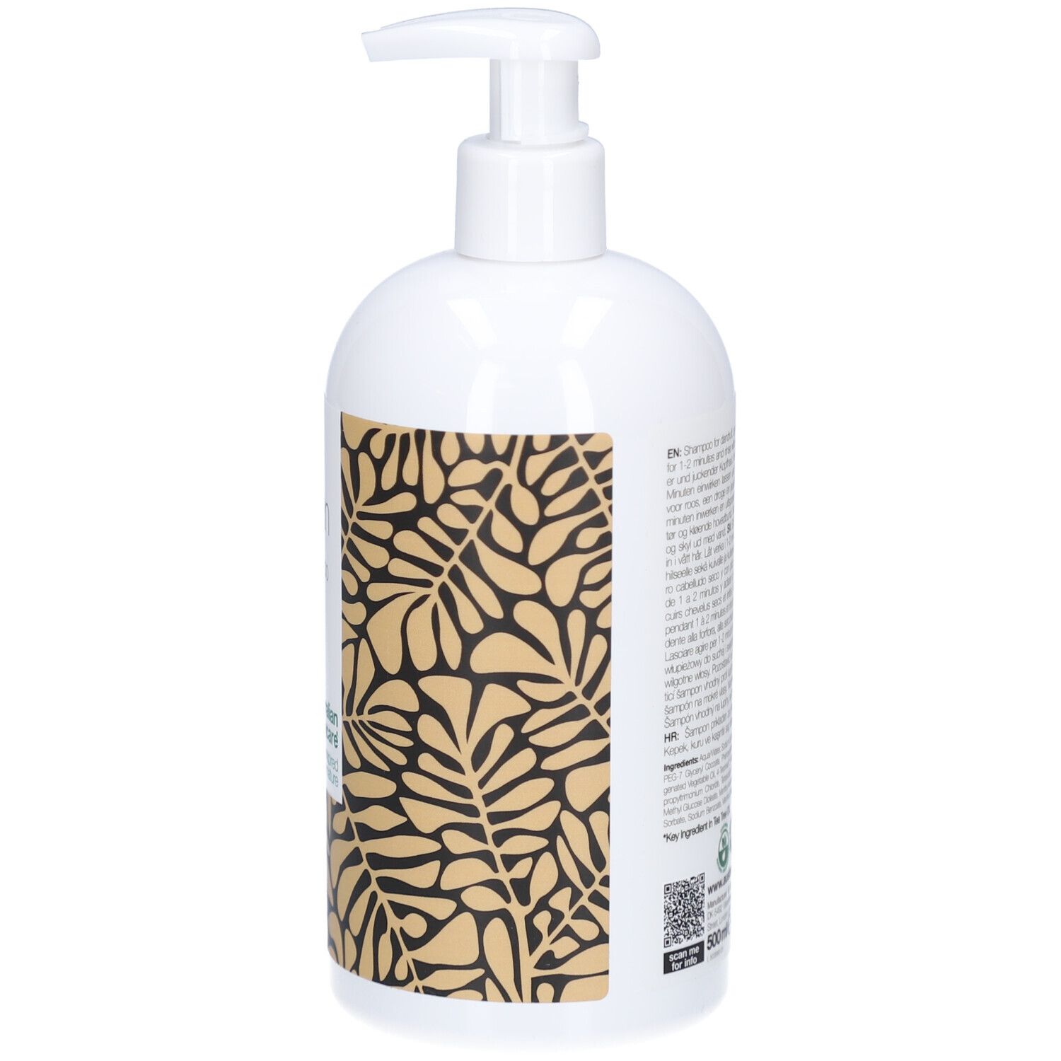 Retro del flacone. Testo multilingue. Motivo a foglie dorate. 500ml.