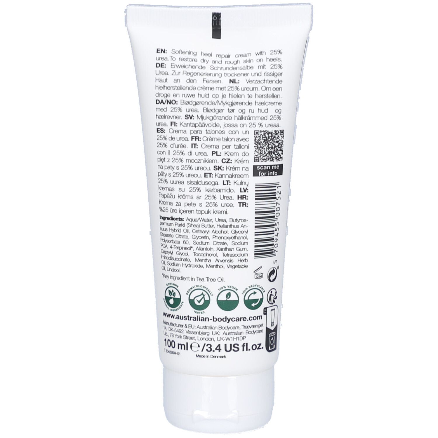 Retro di un tubo di crema. Testo in più lingue. Ingredienti e informazioni di contatto. Marchio: Australian Bodycare.