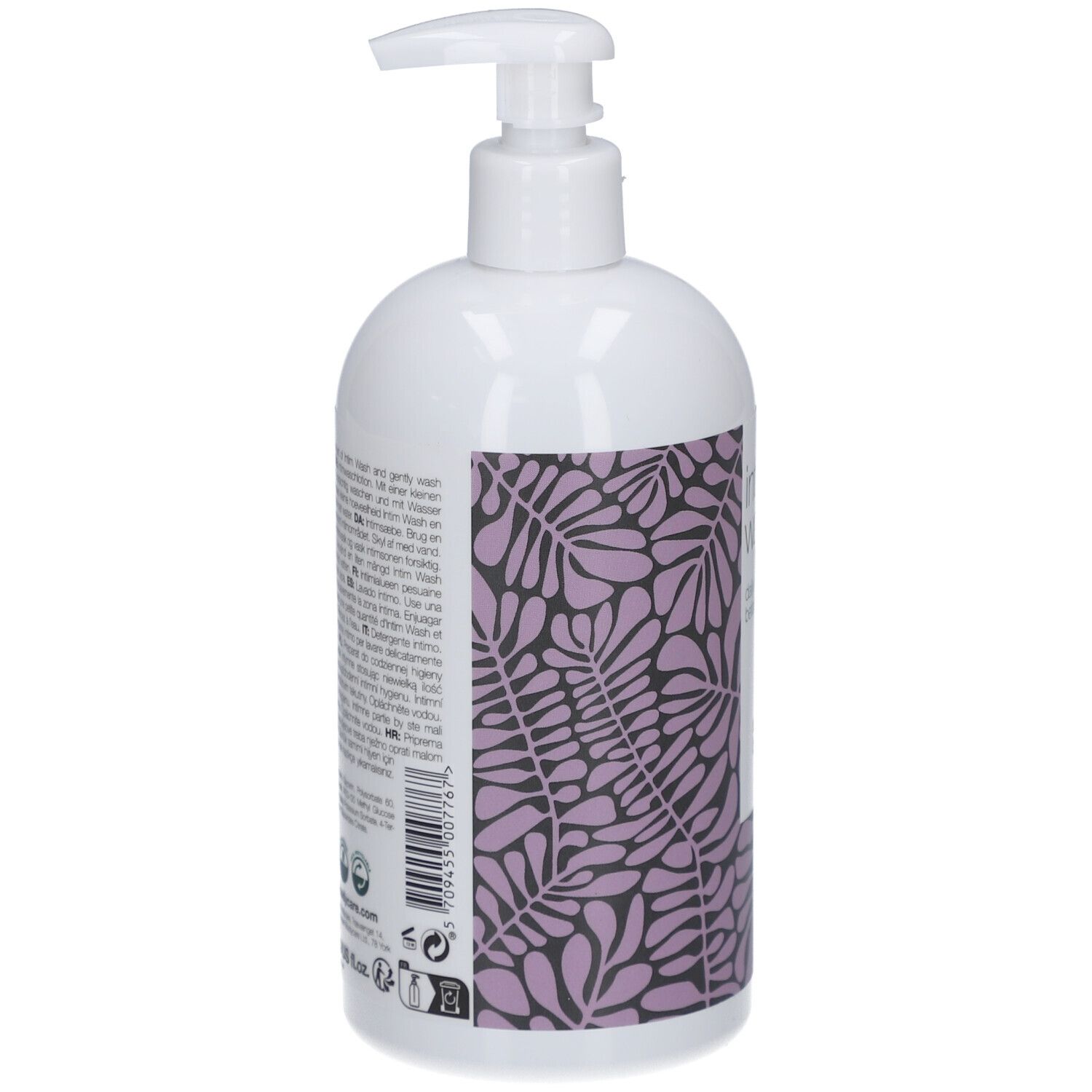 Retro del flacone bianco con motivo viola e testo. Informazioni sul prodotto.