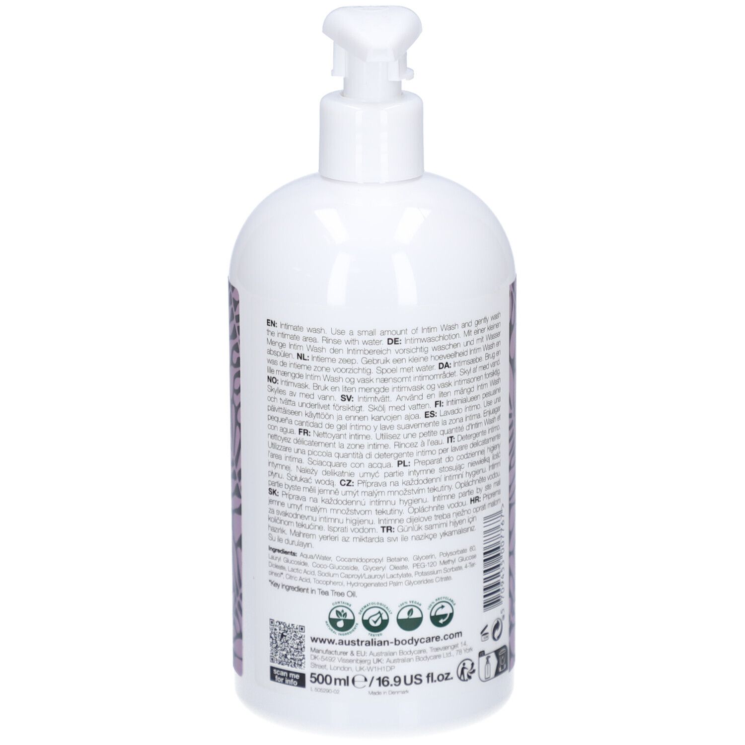 Retro del flacone bianco con motivo viola e testo. Informazioni sul prodotto.