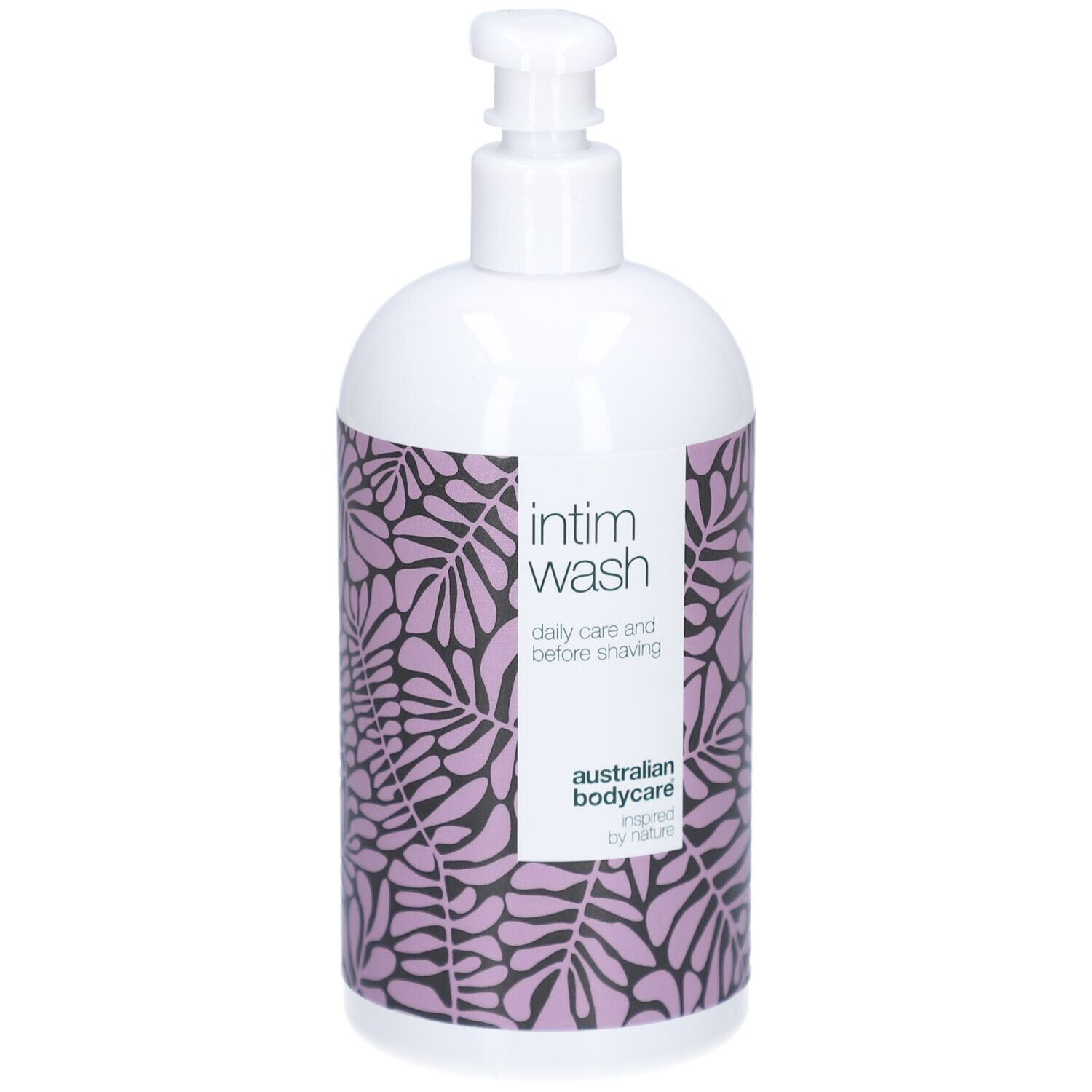 Flacone bianco con motivo viola e testo: Intim Wash. Australian Bodycare.